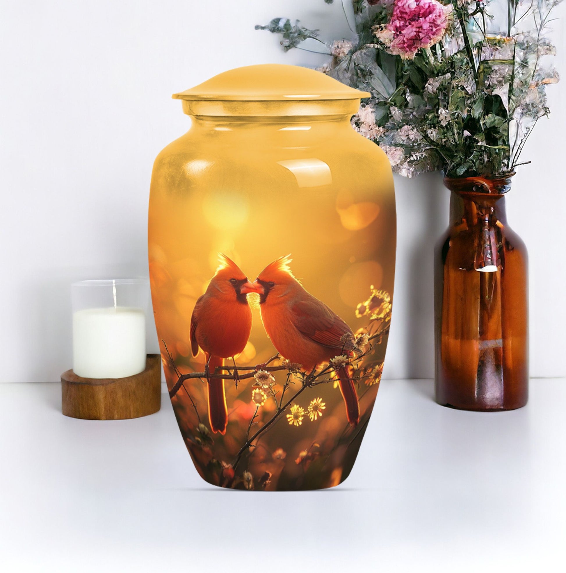 Classic 10-inch cardinal bird urn, designed for cremation.