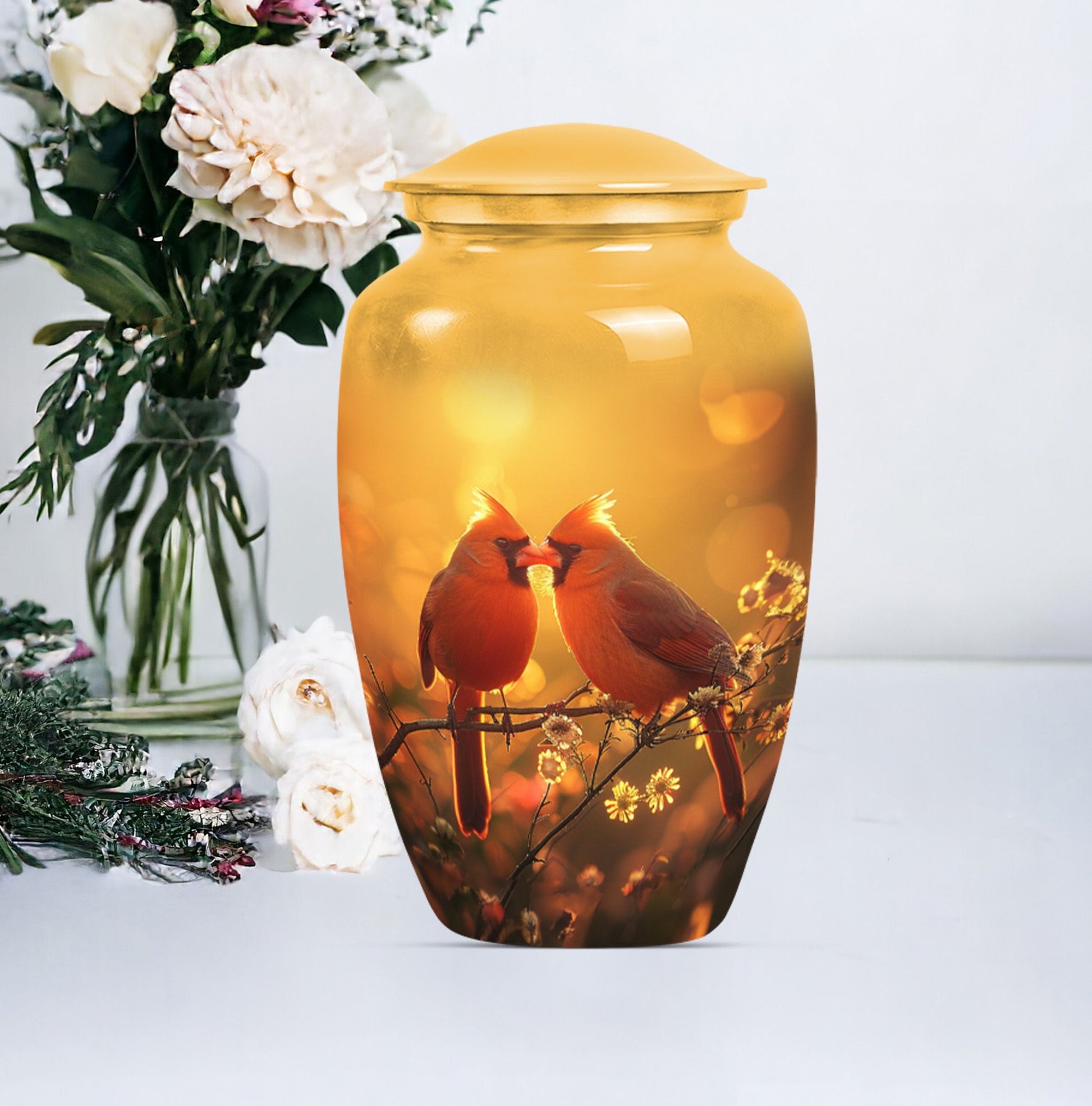 Classic 10-inch cardinal bird urn, designed for cremation.