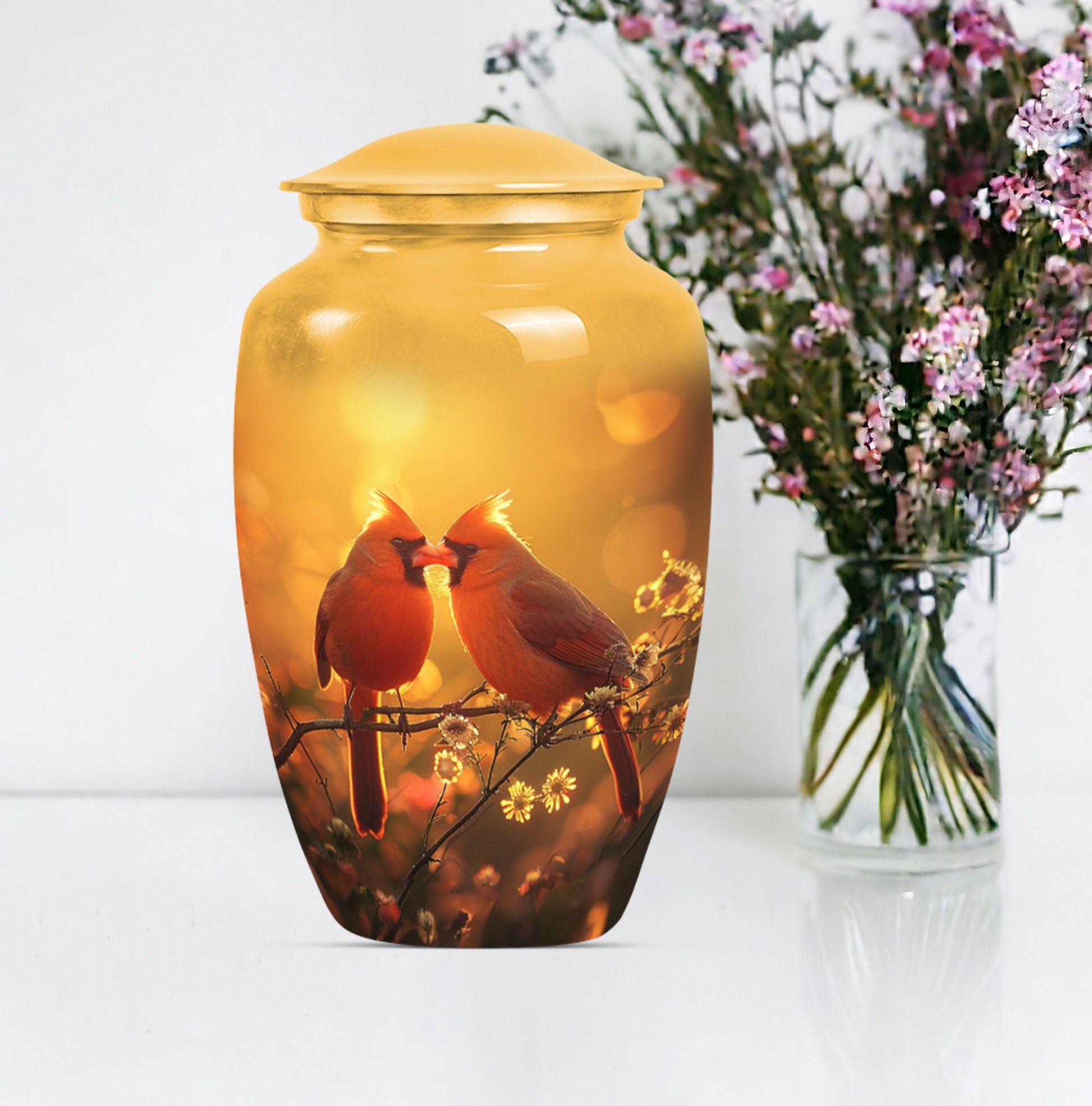 Classic 10-inch cardinal bird urn, designed for cremation.