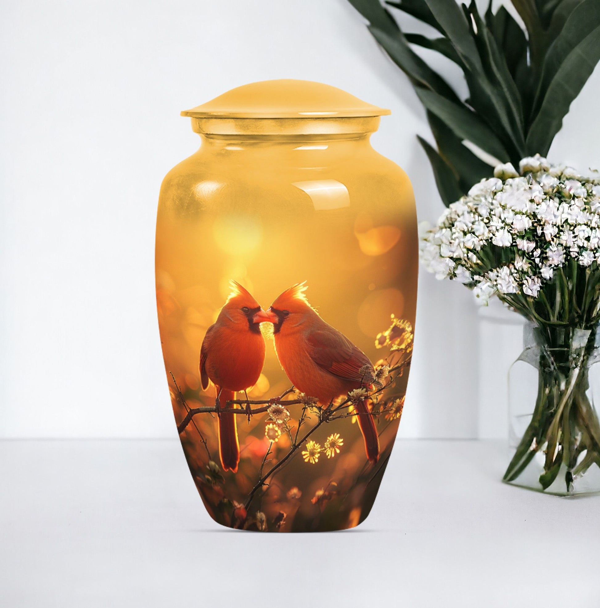 Classic 10-inch cardinal bird urn, designed for cremation.