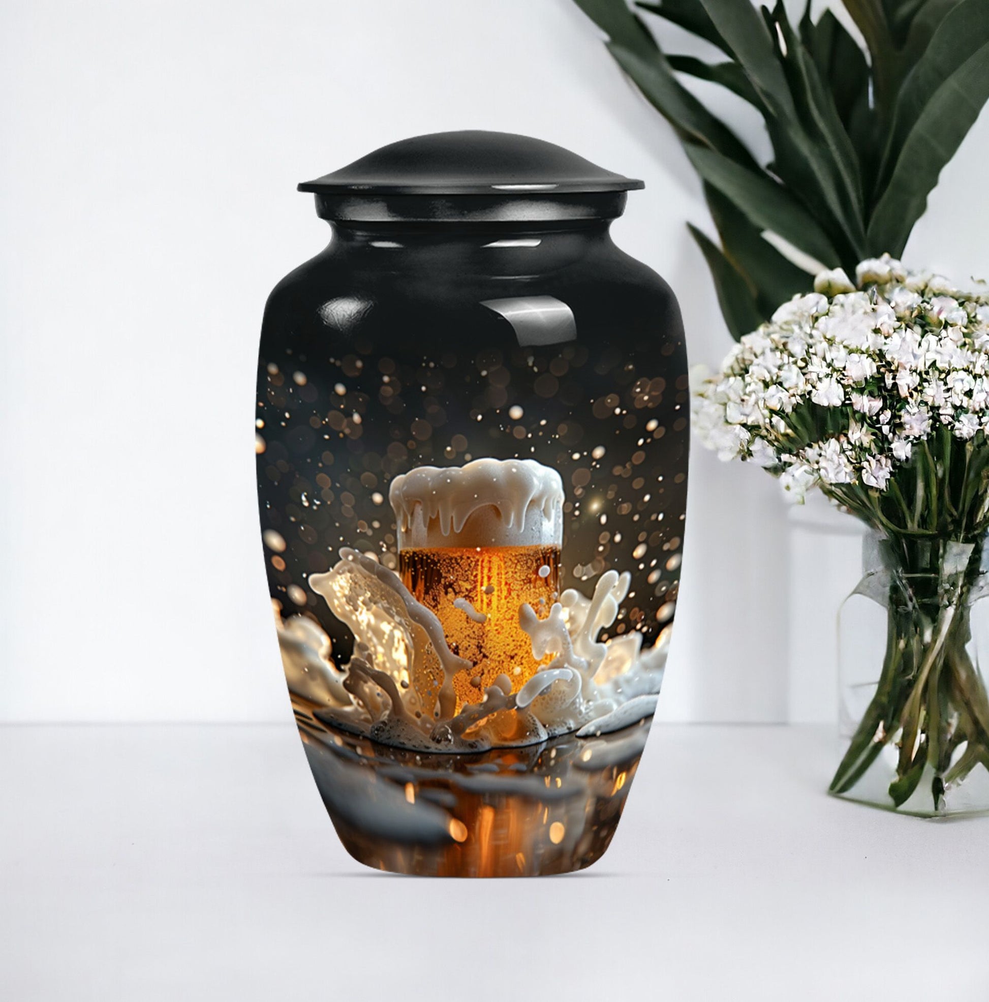 beer urn with wolf howling 