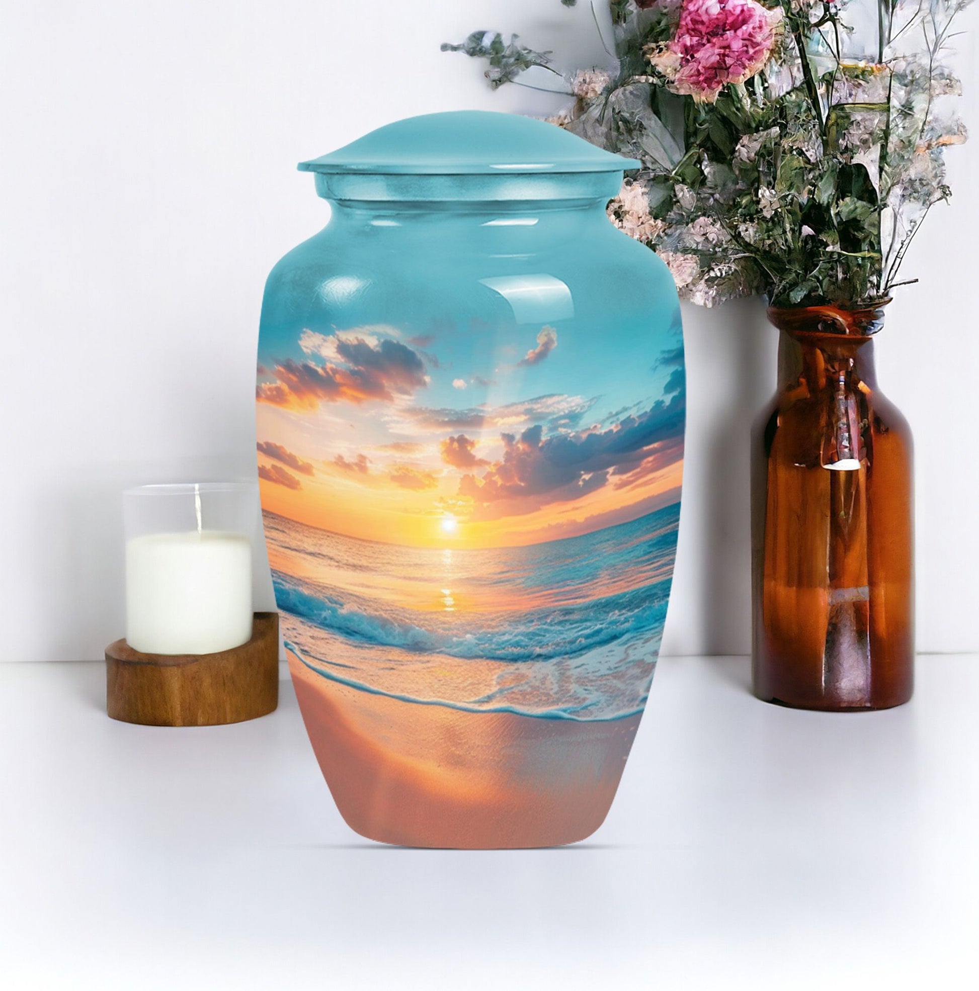 Sunset Beach Urn in classic design with wolf howling theme.