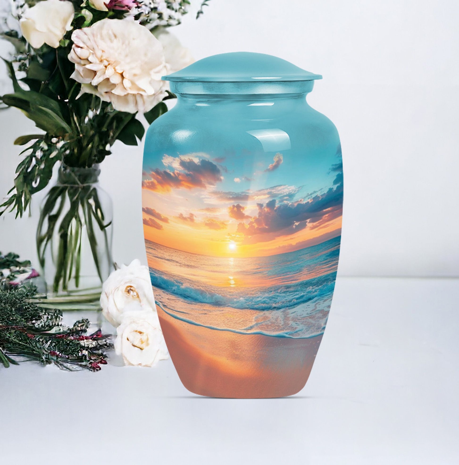 Sunset Beach Urn in classic design with wolf howling theme.