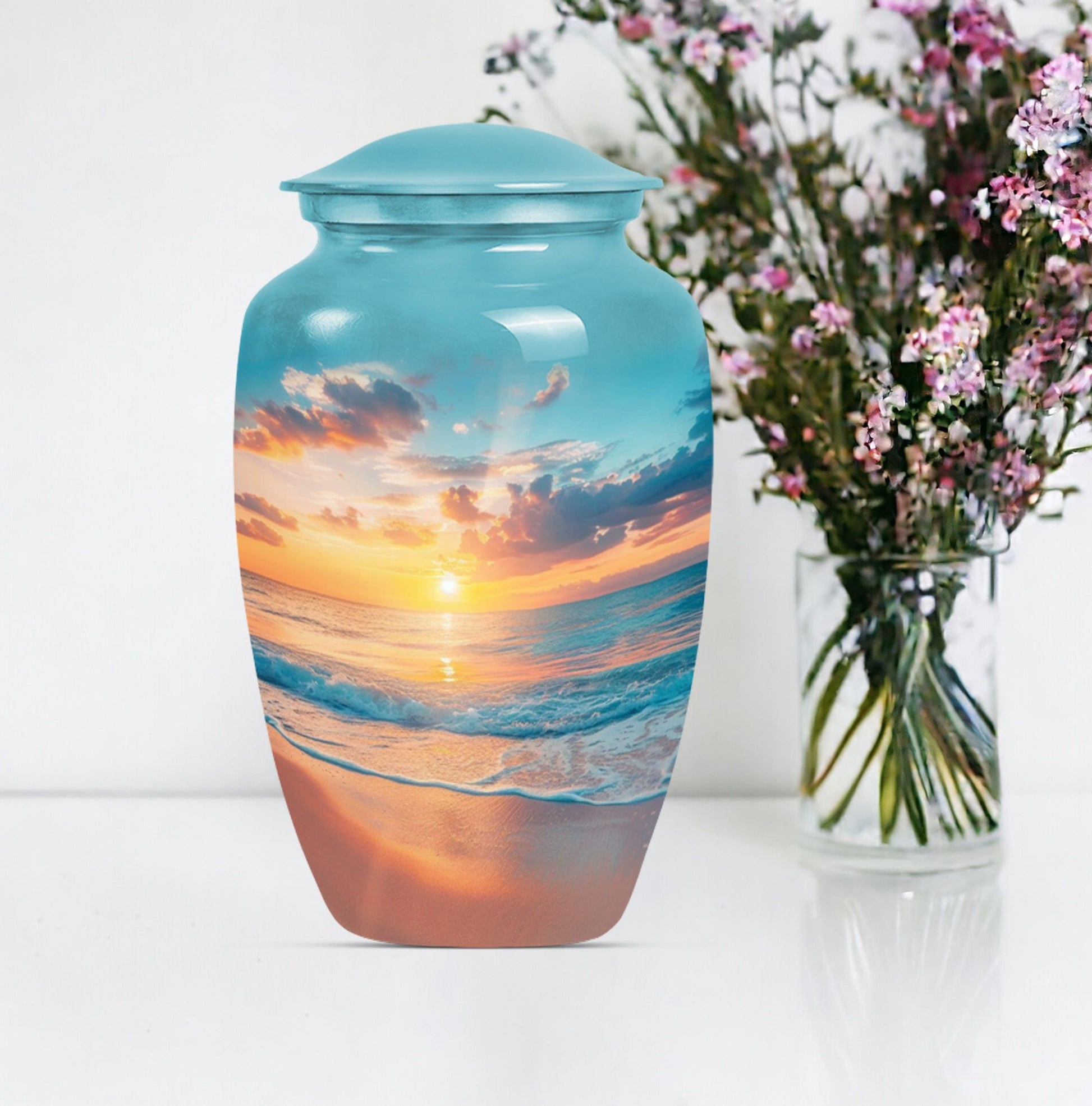 Sunset Beach Urn in classic design with wolf howling theme.