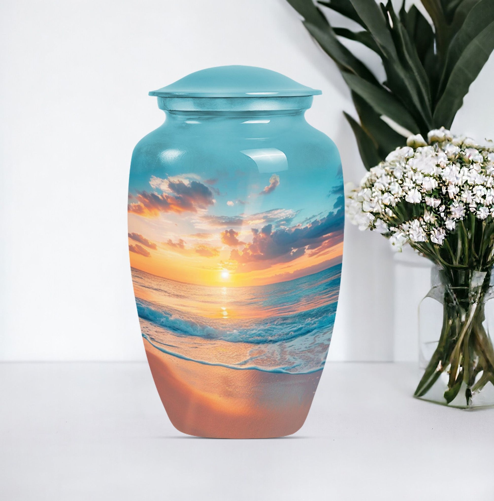 Sunset Beach Urn in classic design with wolf howling theme.