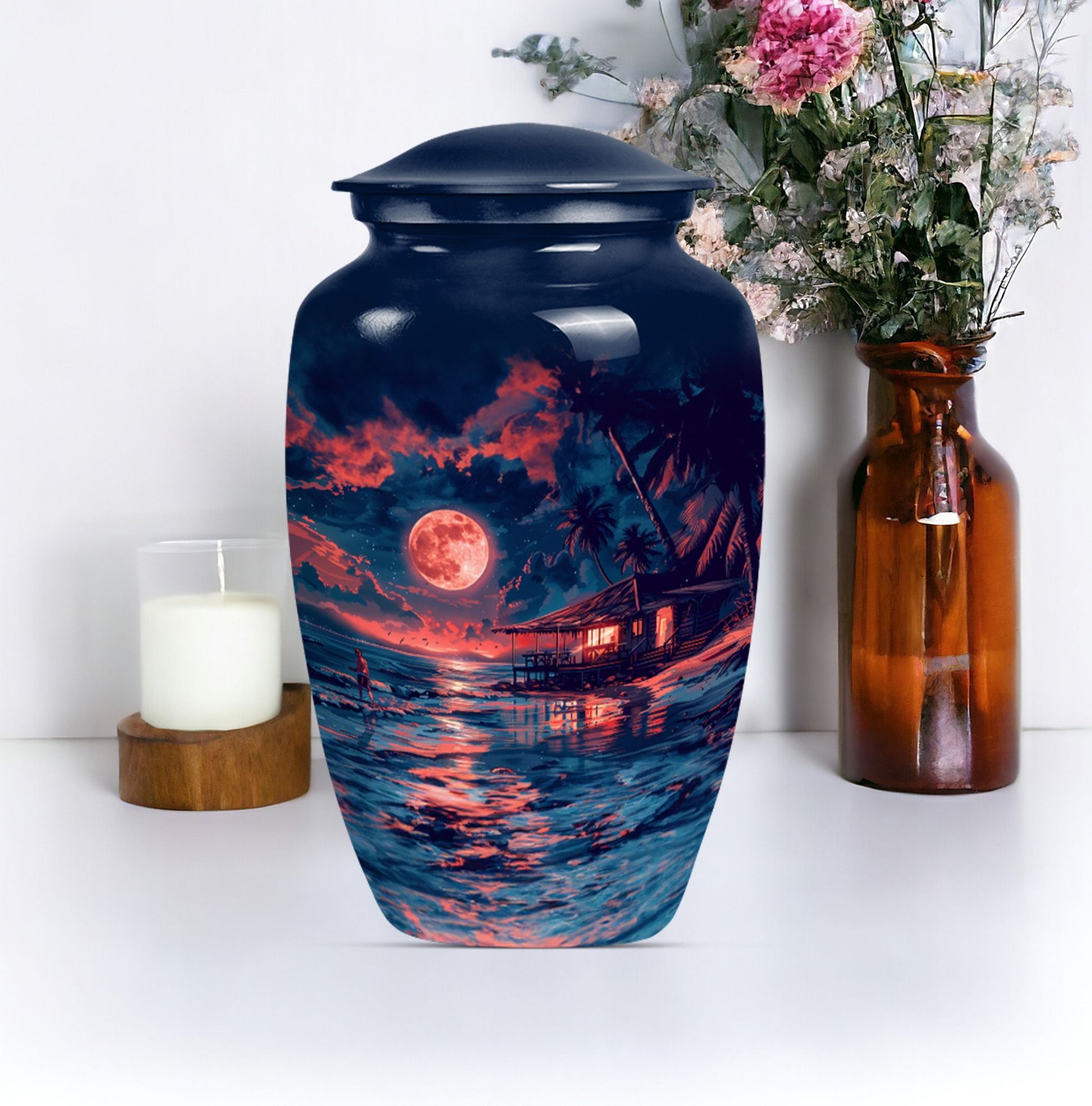 Night Beach Urn with Wolf Howling Design, 