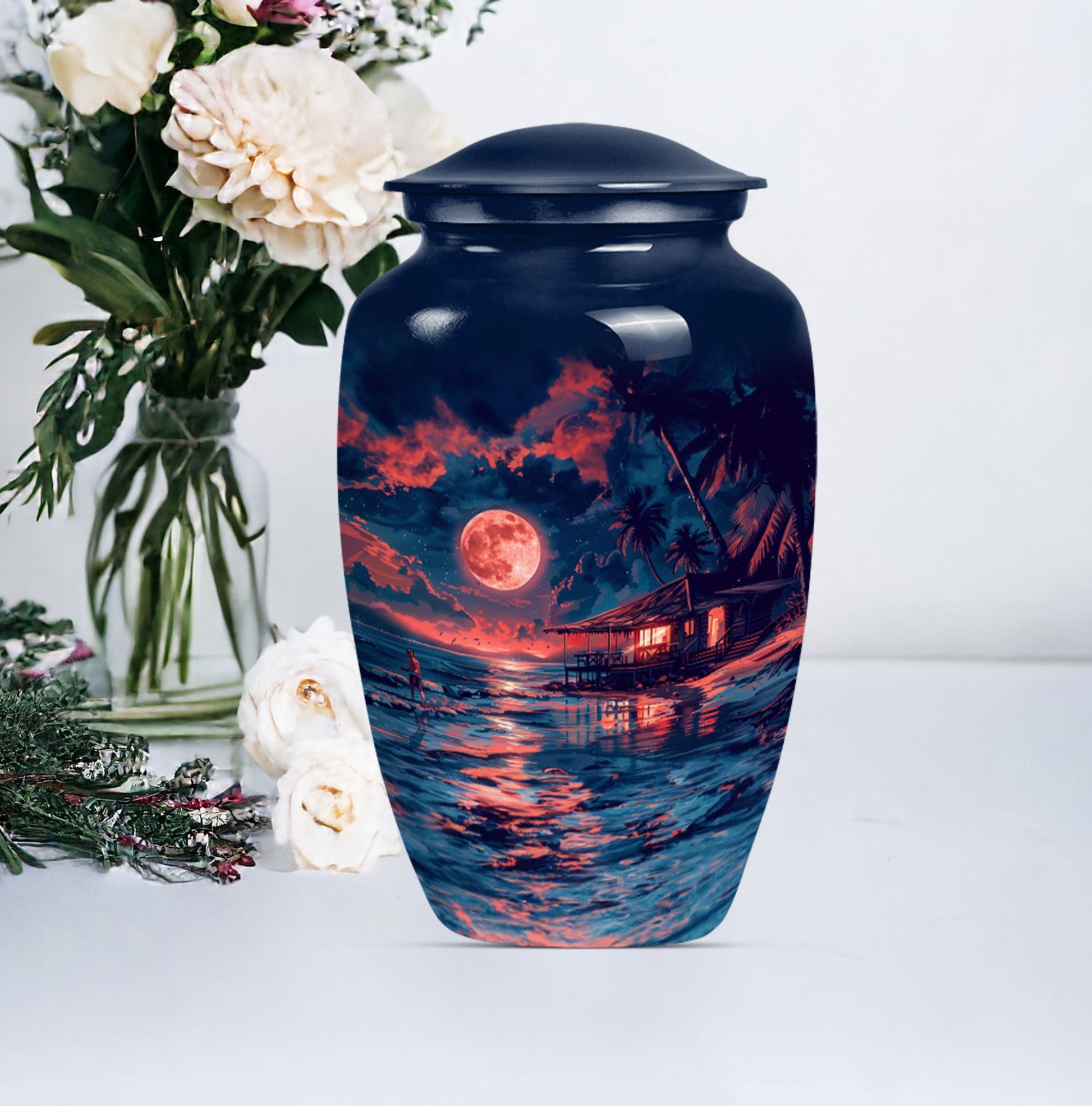 Night Beach Urn with Wolf Howling Design, 