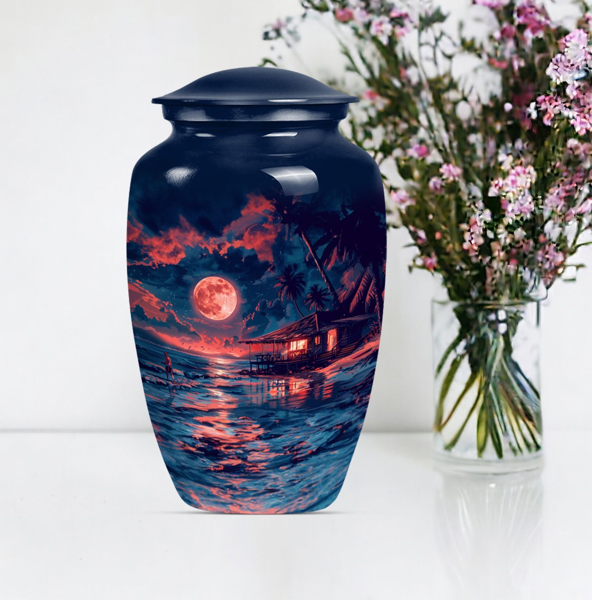 Night Beach Urn with Wolf Howling Design, 