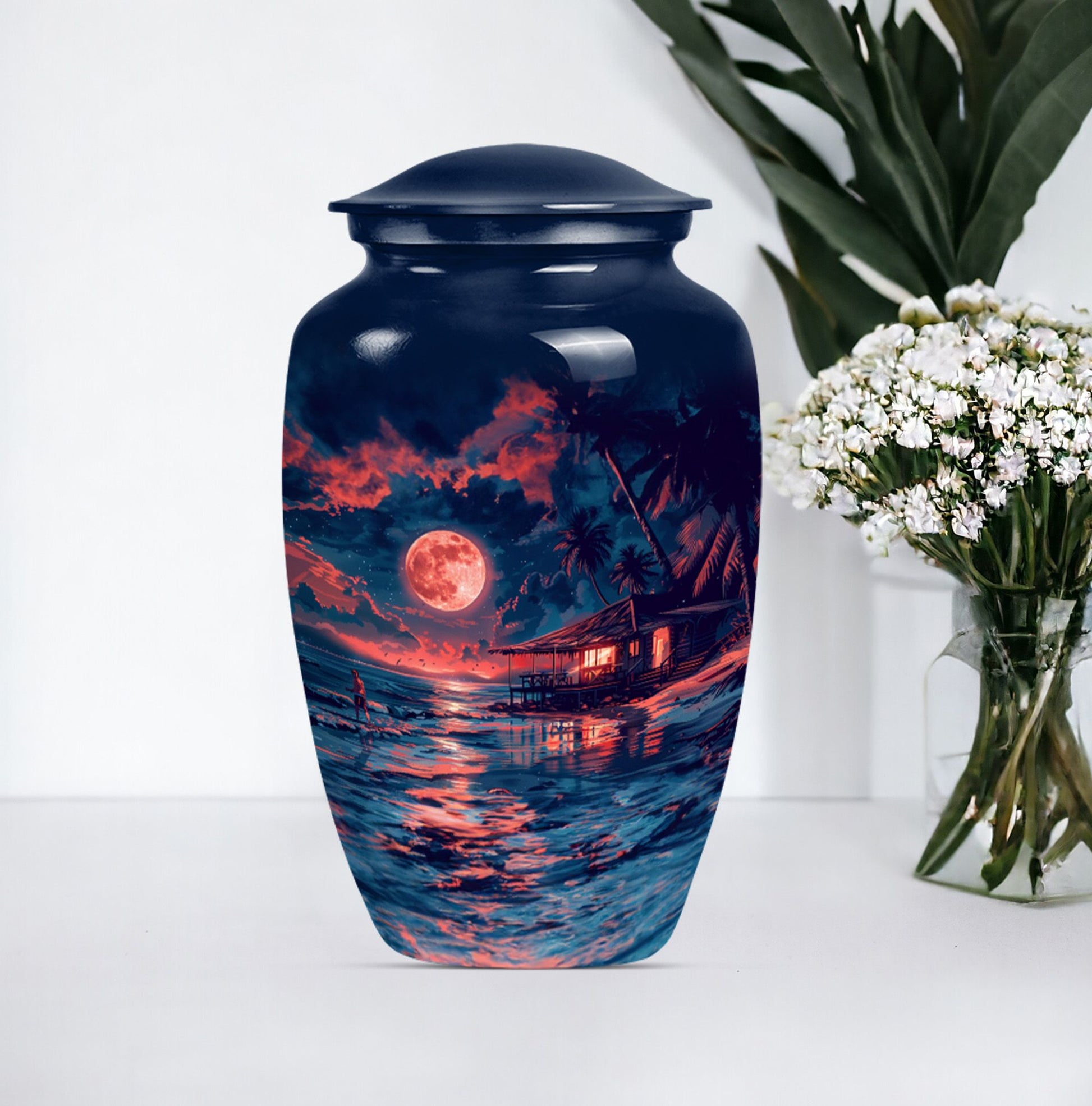 Night Beach Urn with Wolf Howling Design, 