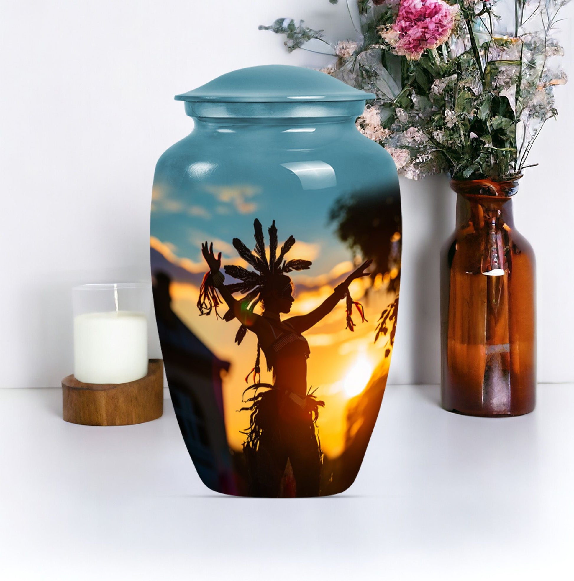 Classic 10-inch Tribe Man Urn with Wolf Howling theme.