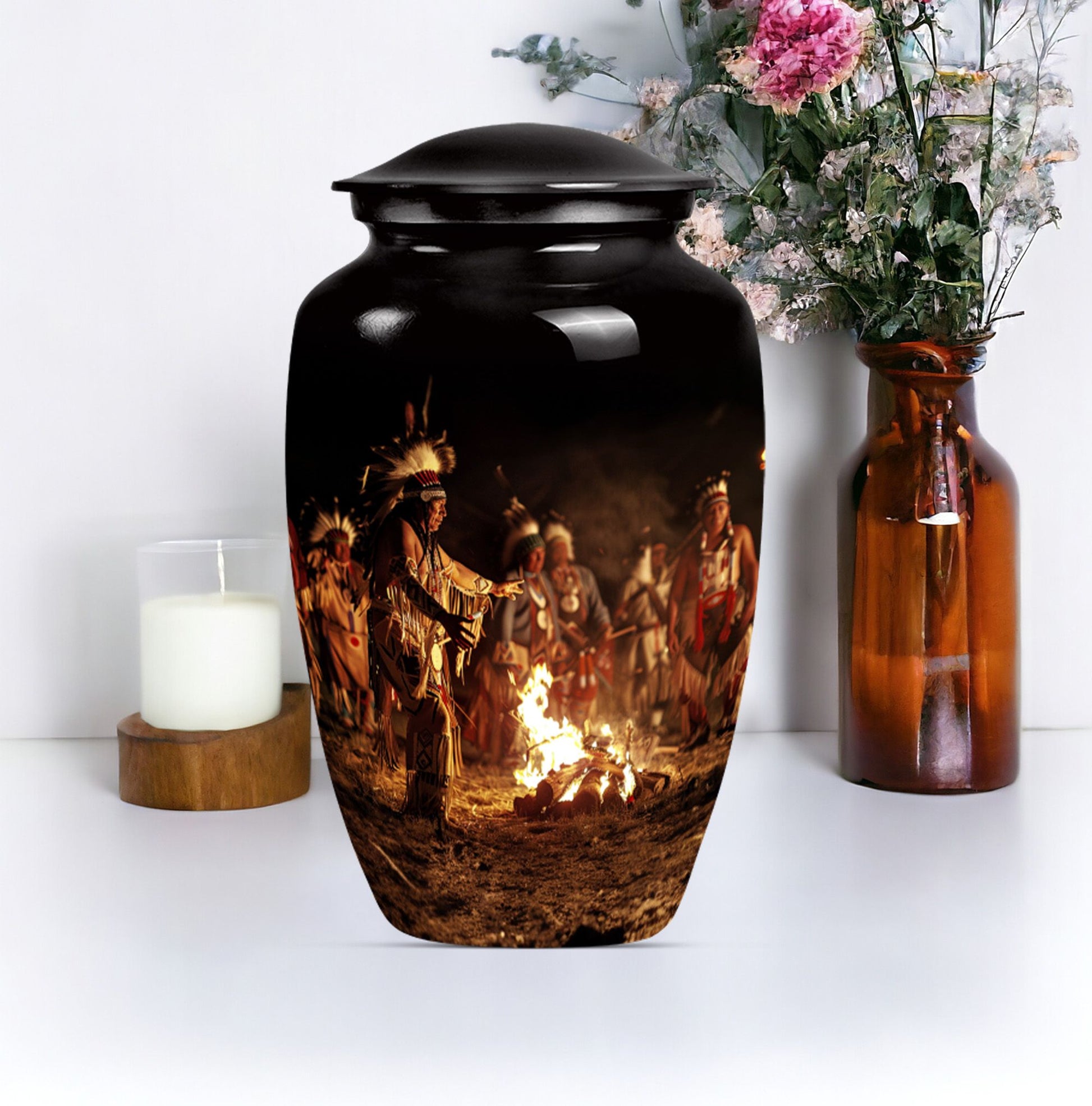 10-inch Tribe Man Urn, classic howling wolf theme.