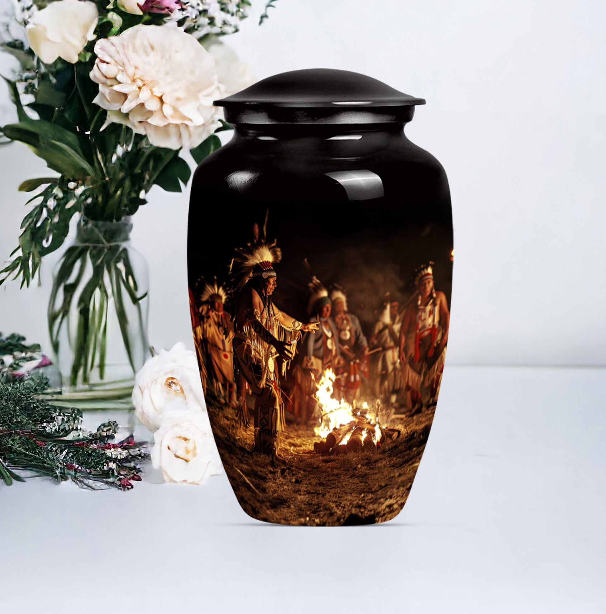 10-inch Tribe Man Urn, classic howling wolf theme.