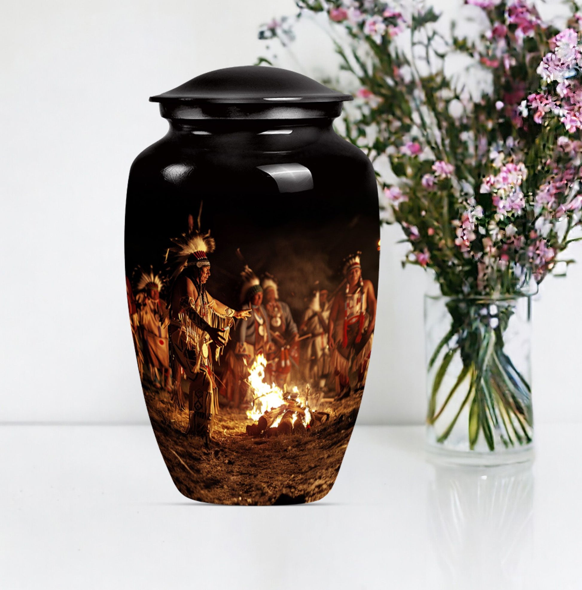 10-inch Tribe Man Urn, classic howling wolf theme.