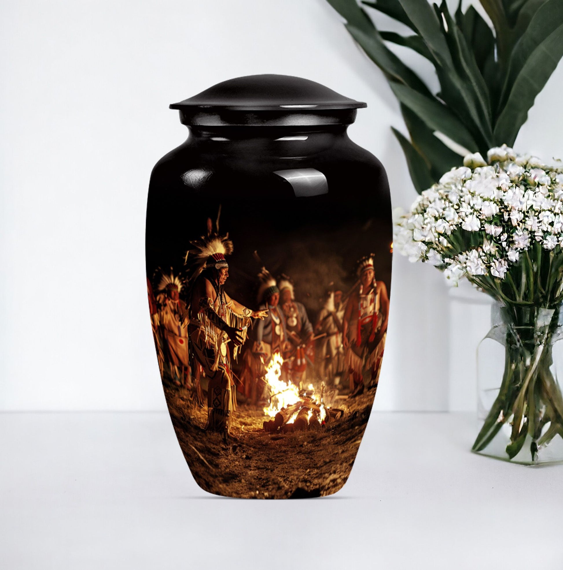 10-inch Tribe Man Urn, classic howling wolf theme.