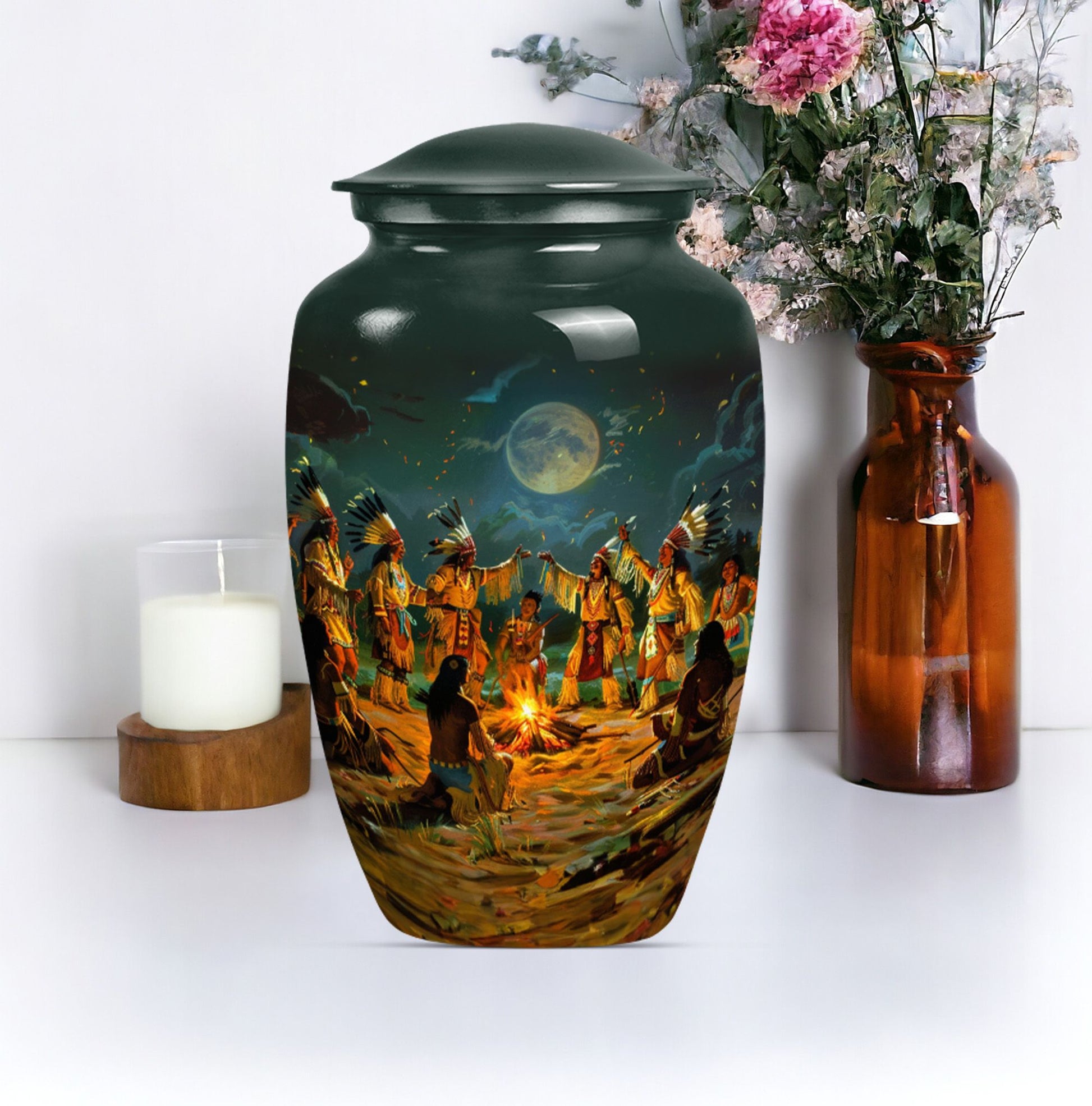 10-inch tribe Man Urn with Wolf Howling theme.