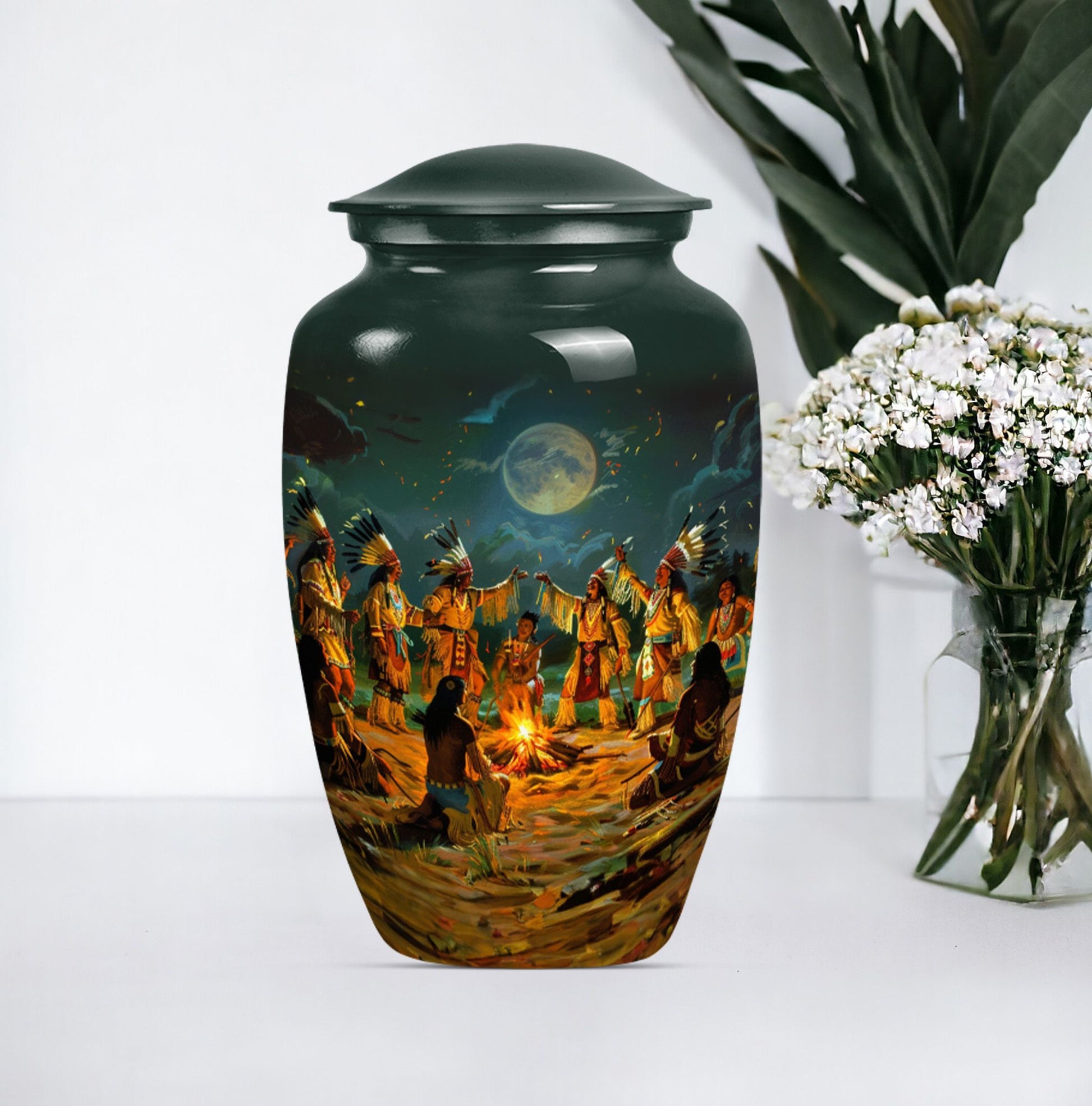 10-inch tribe Man Urn with Wolf Howling theme.