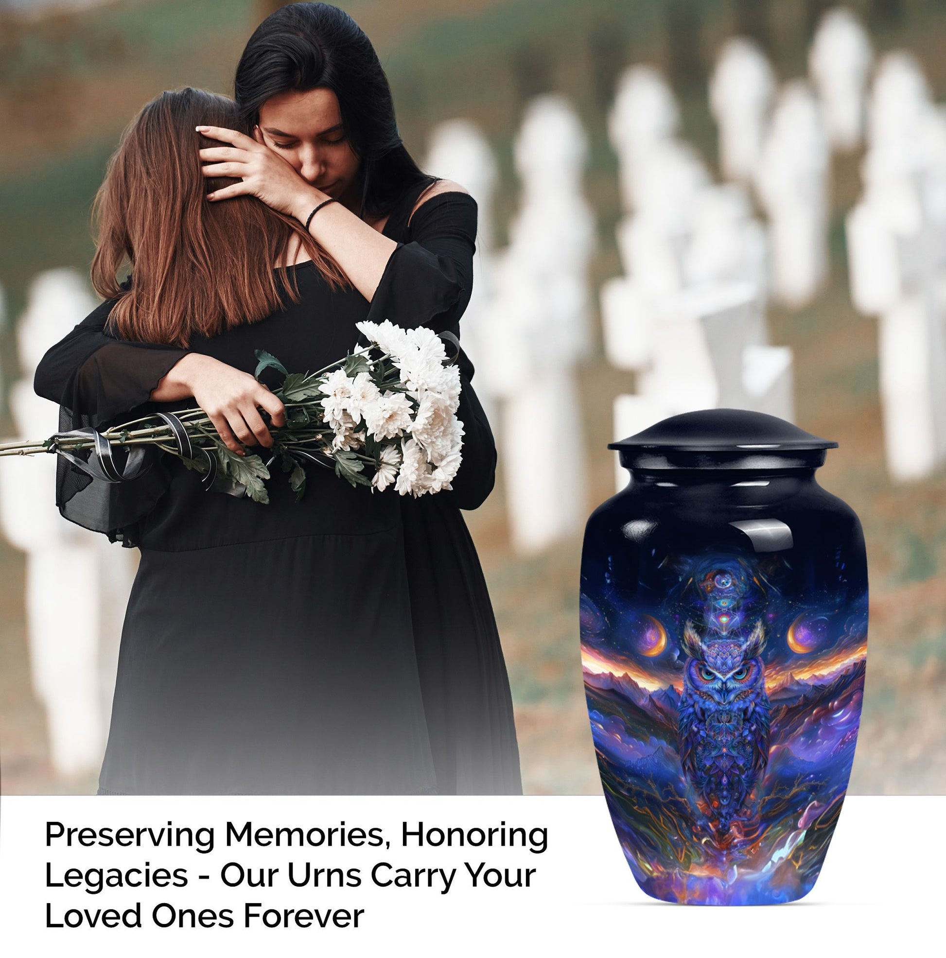 Classic 10 inch owl urn with a wolf howling theme.