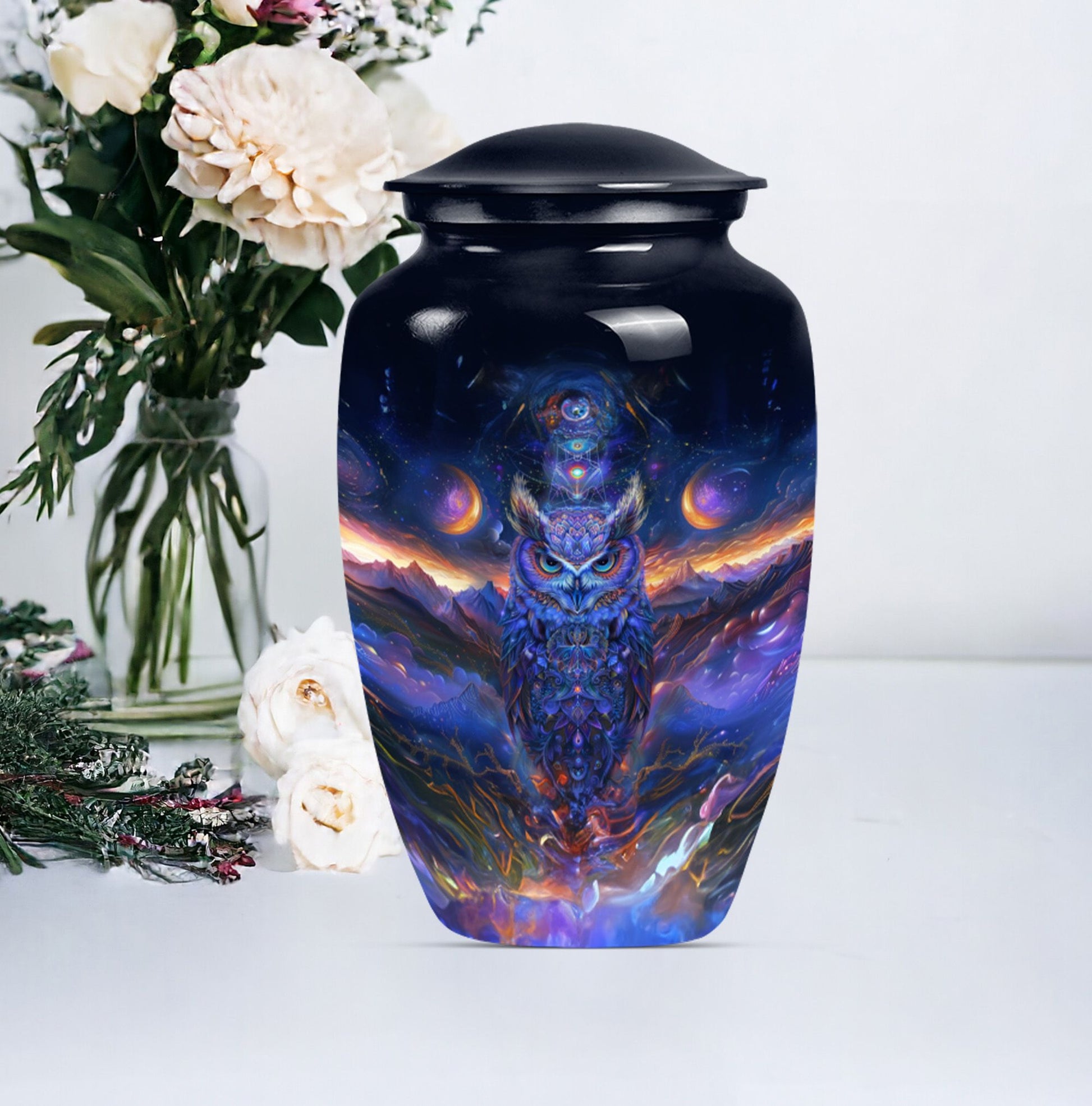 Classic 10 inch owl urn with a wolf howling theme.