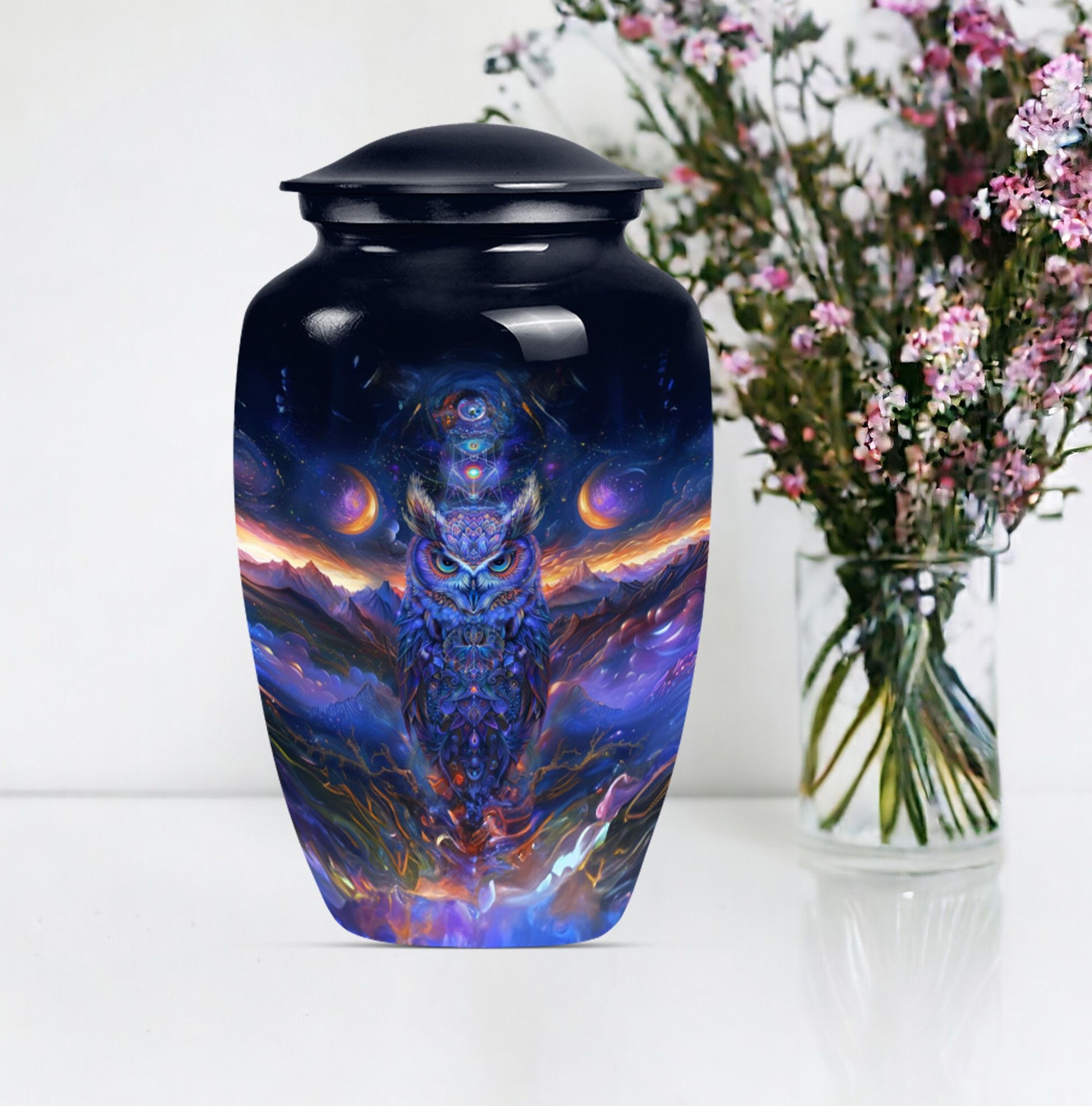 Classic 10 inch owl urn with a wolf howling theme.