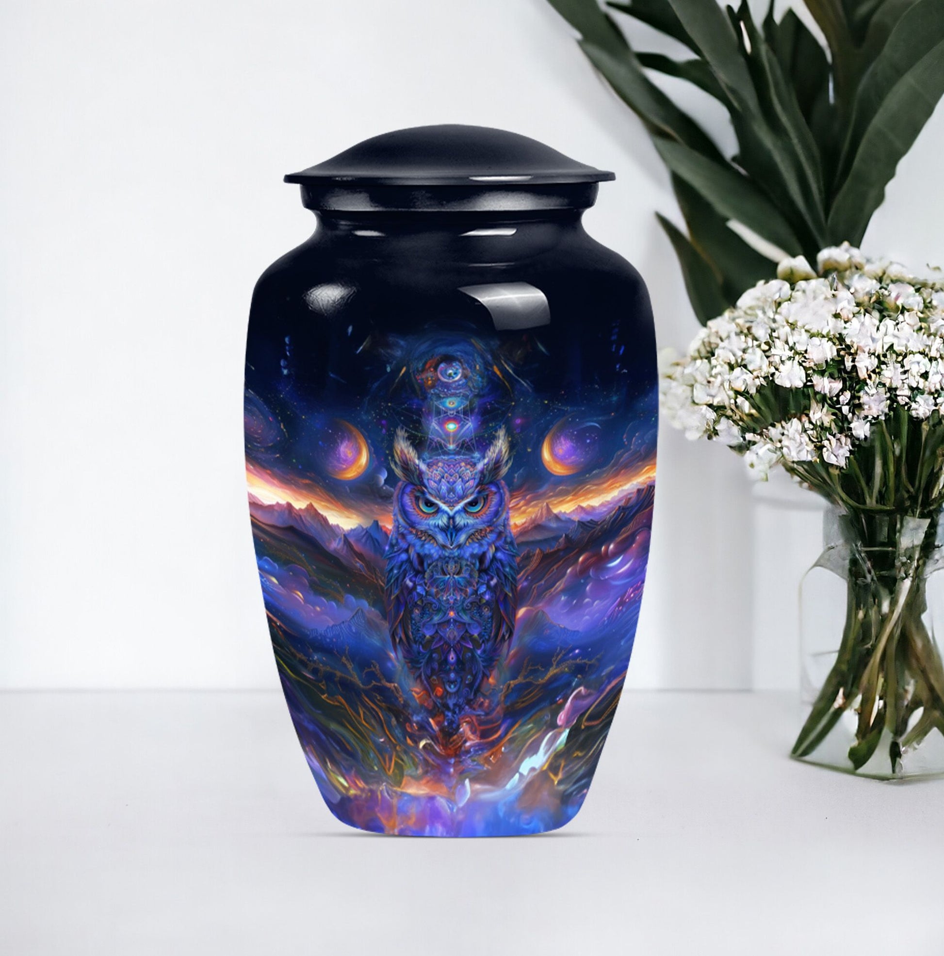 Classic 10 inch owl urn with a wolf howling theme.