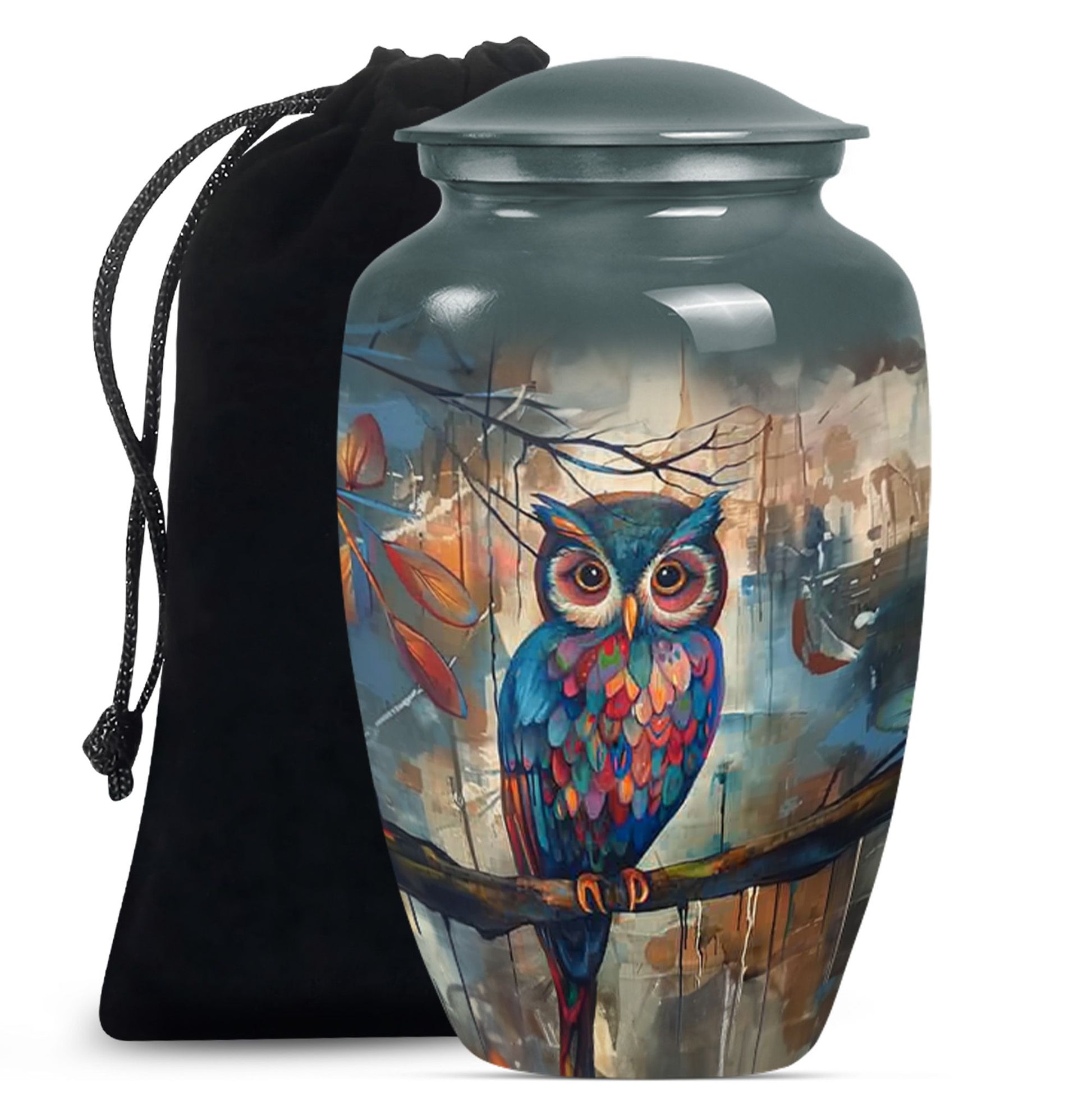 10-inch Classic Owl Urn with Wolf Howling Theme.