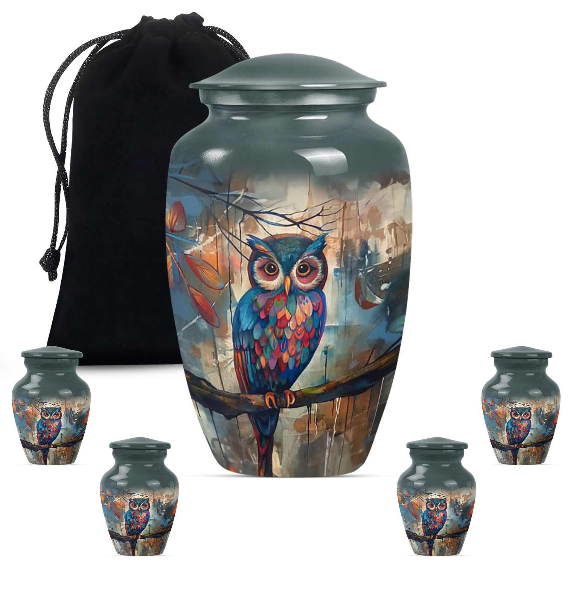 10-inch Classic Owl Urn with Wolf Howling Theme.