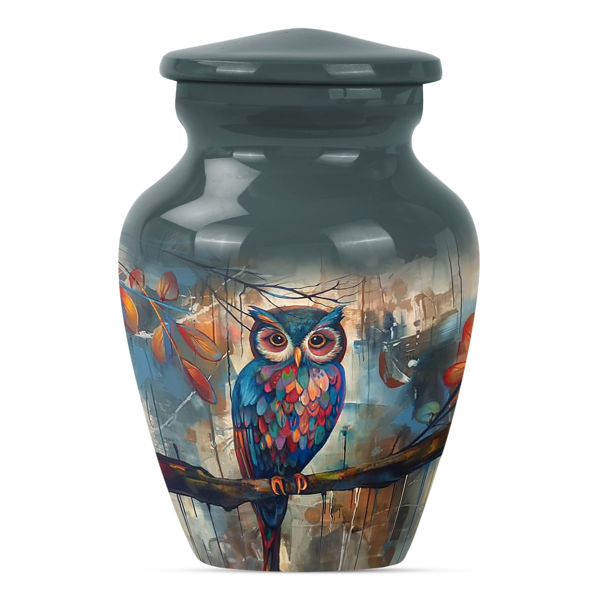 10-inch Classic Owl Urn with Wolf Howling Theme.