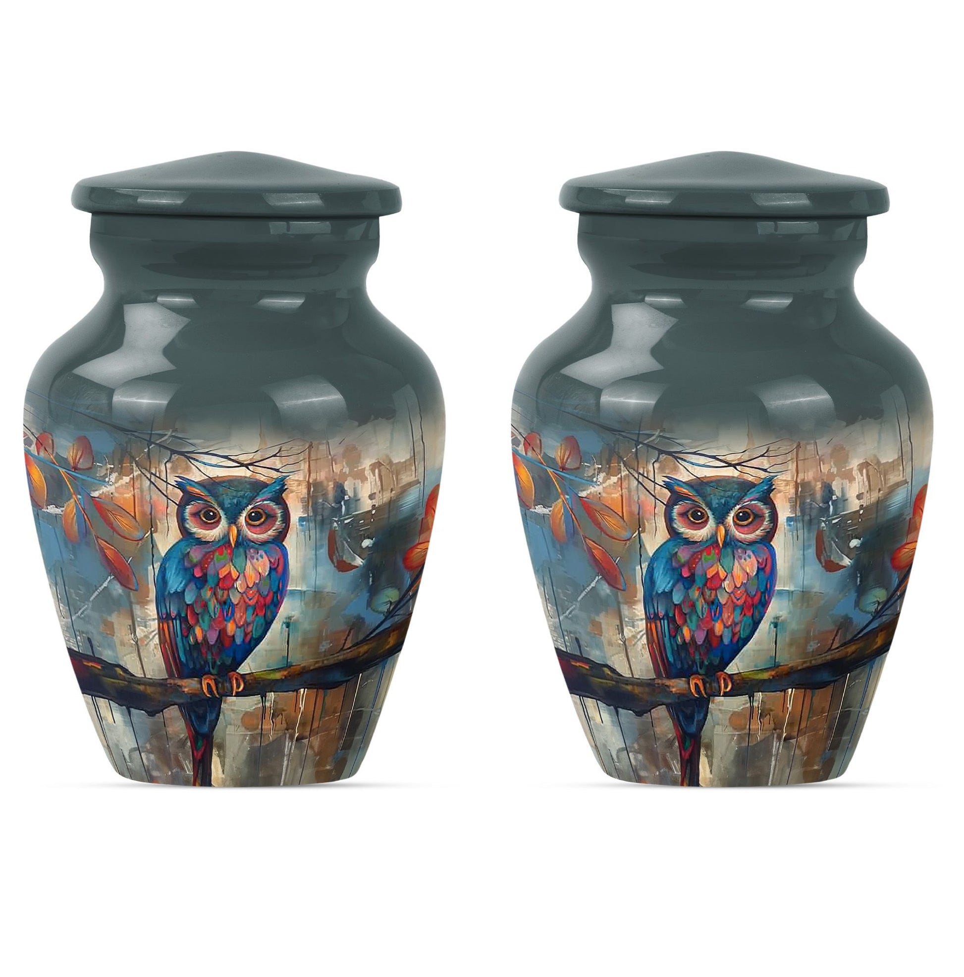 10-inch Classic Owl Urn with Wolf Howling Theme.