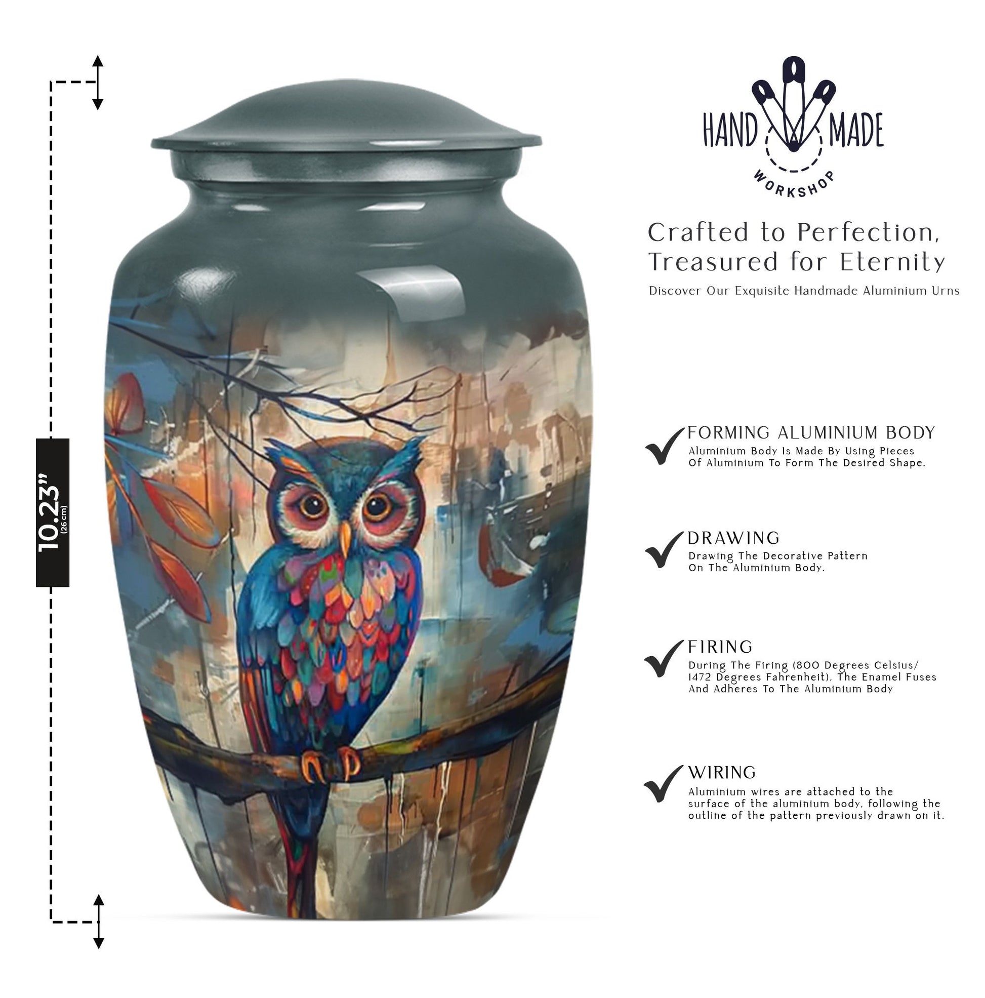 10-inch Classic Owl Urn with Wolf Howling Theme.