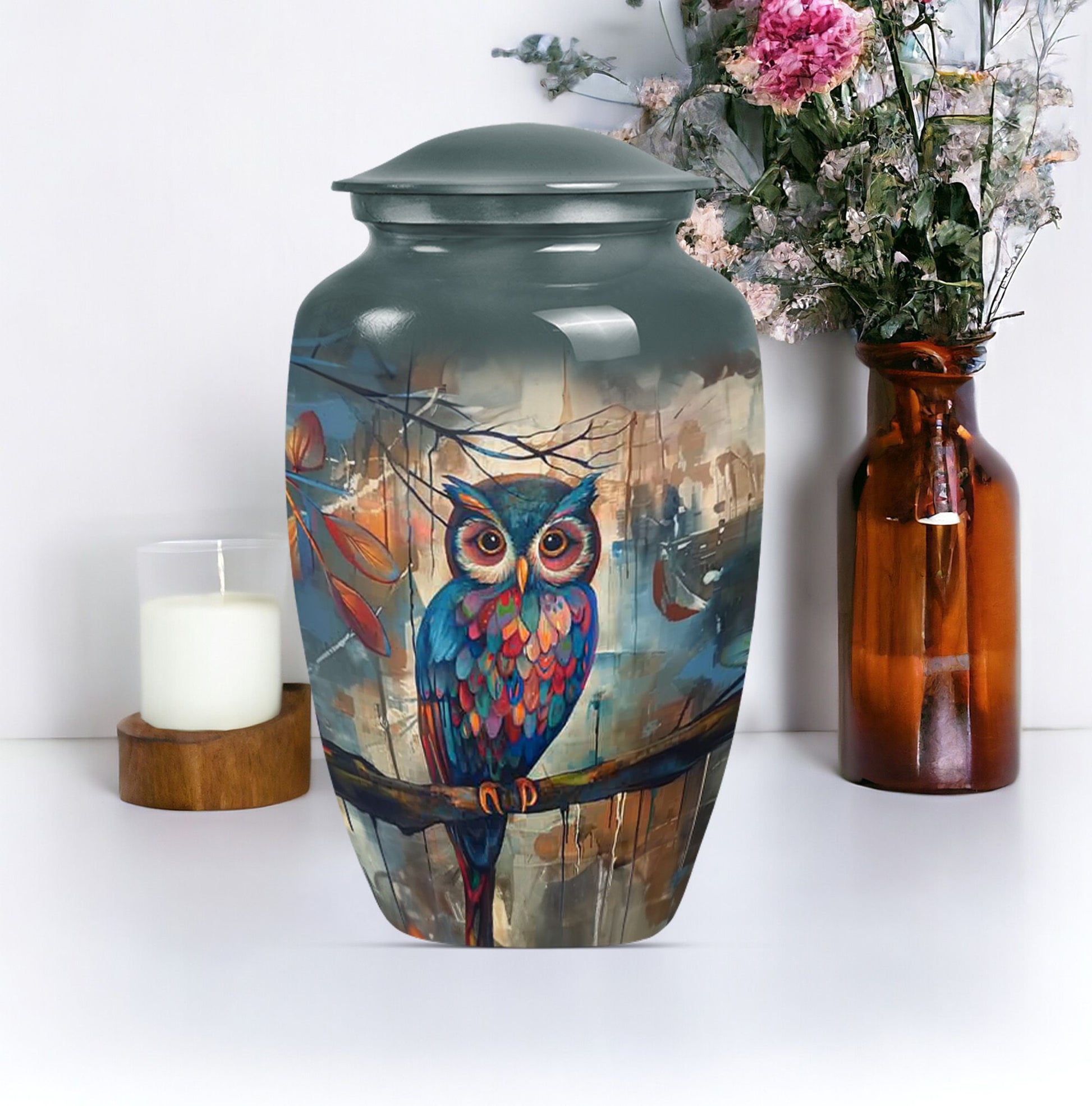 10-inch Classic Owl Urn with Wolf Howling Theme.