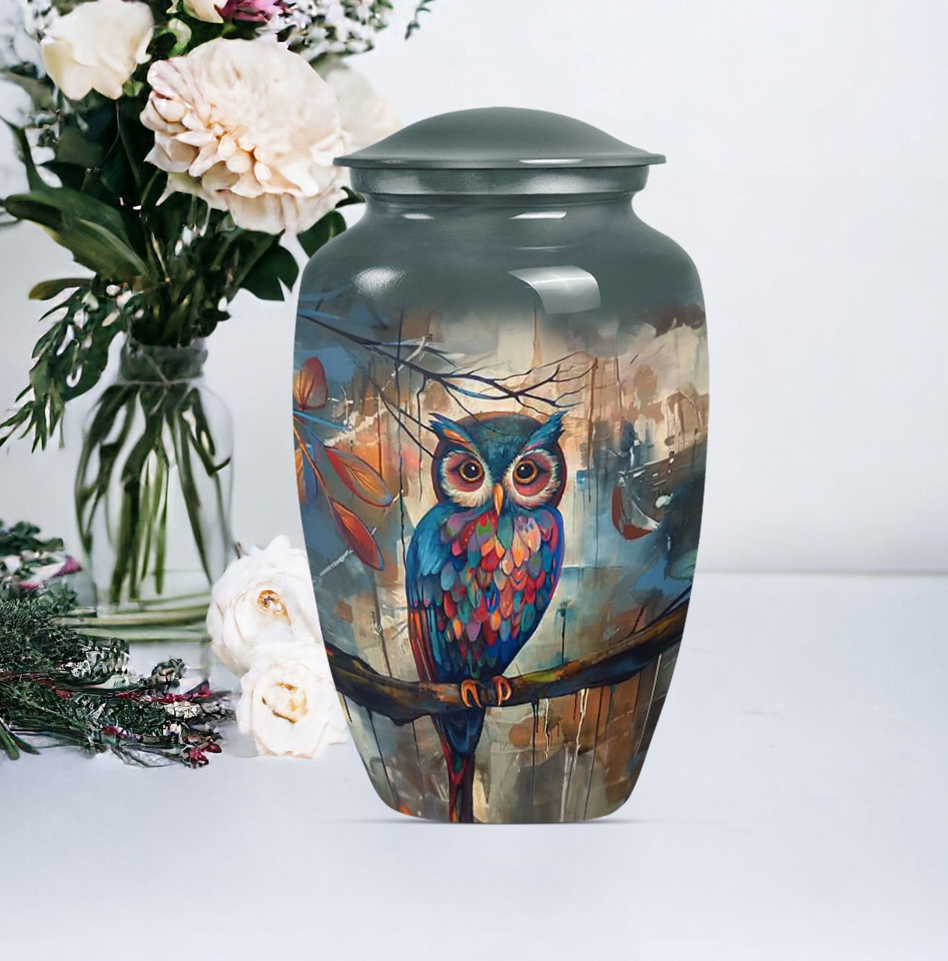 10-inch Classic Owl Urn with Wolf Howling Theme.