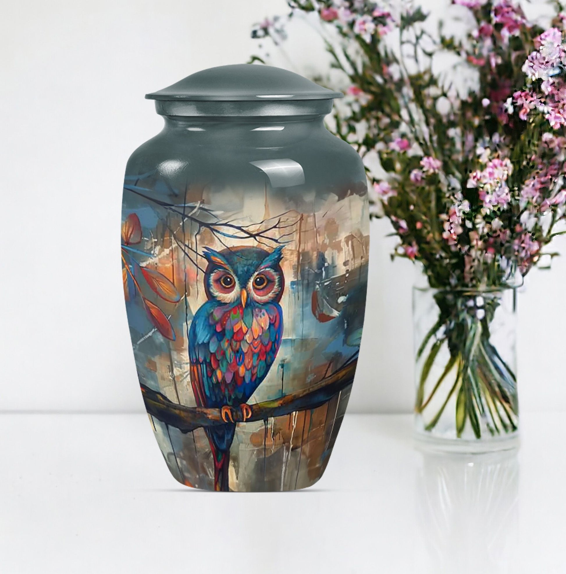 10-inch Classic Owl Urn with Wolf Howling Theme.