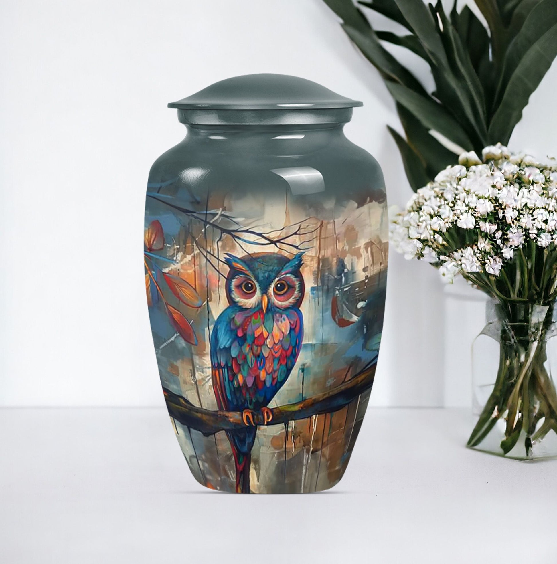 10-inch Classic Owl Urn with Wolf Howling Theme.