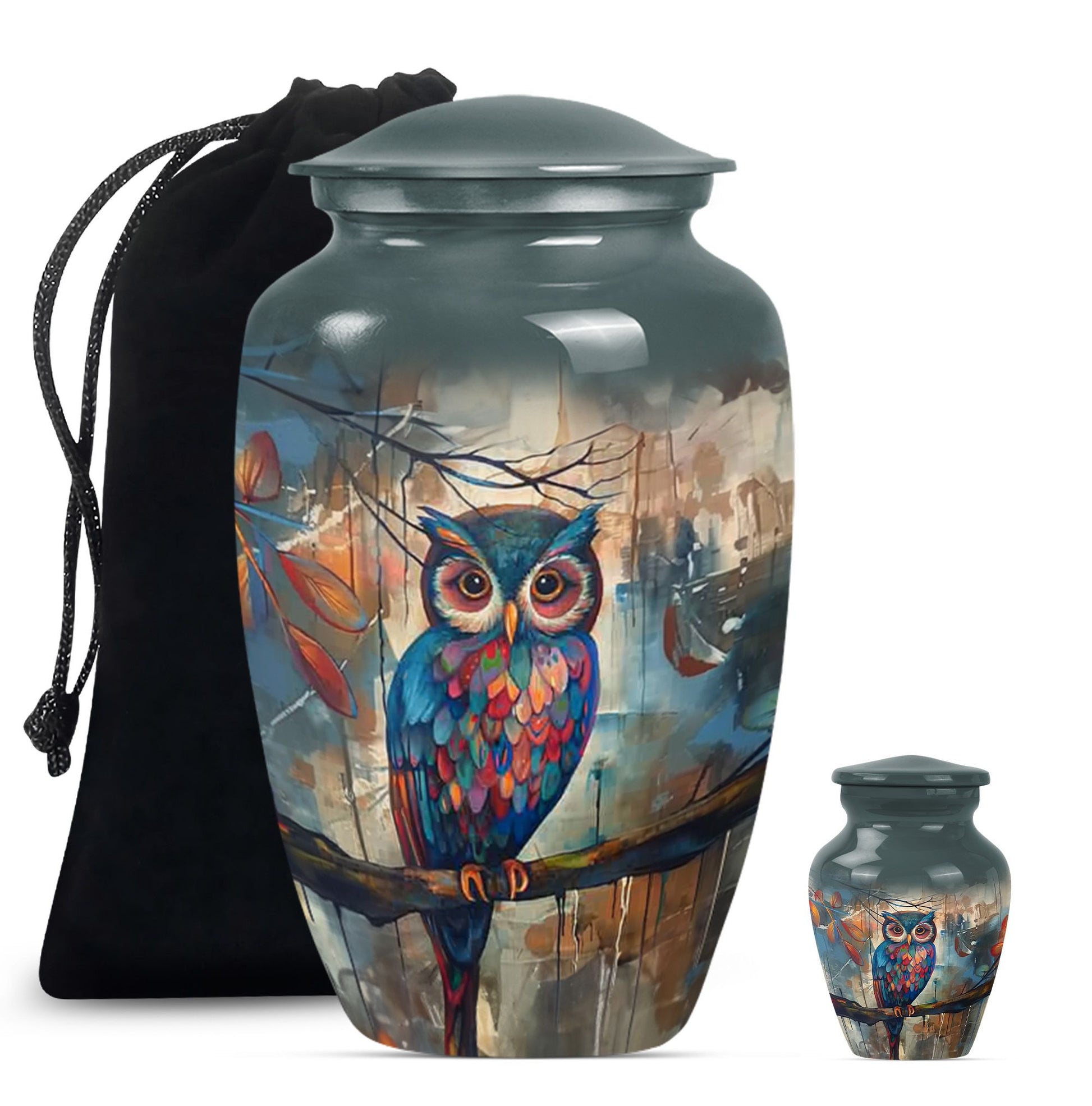 10-inch Classic Owl Urn with Wolf Howling Theme.