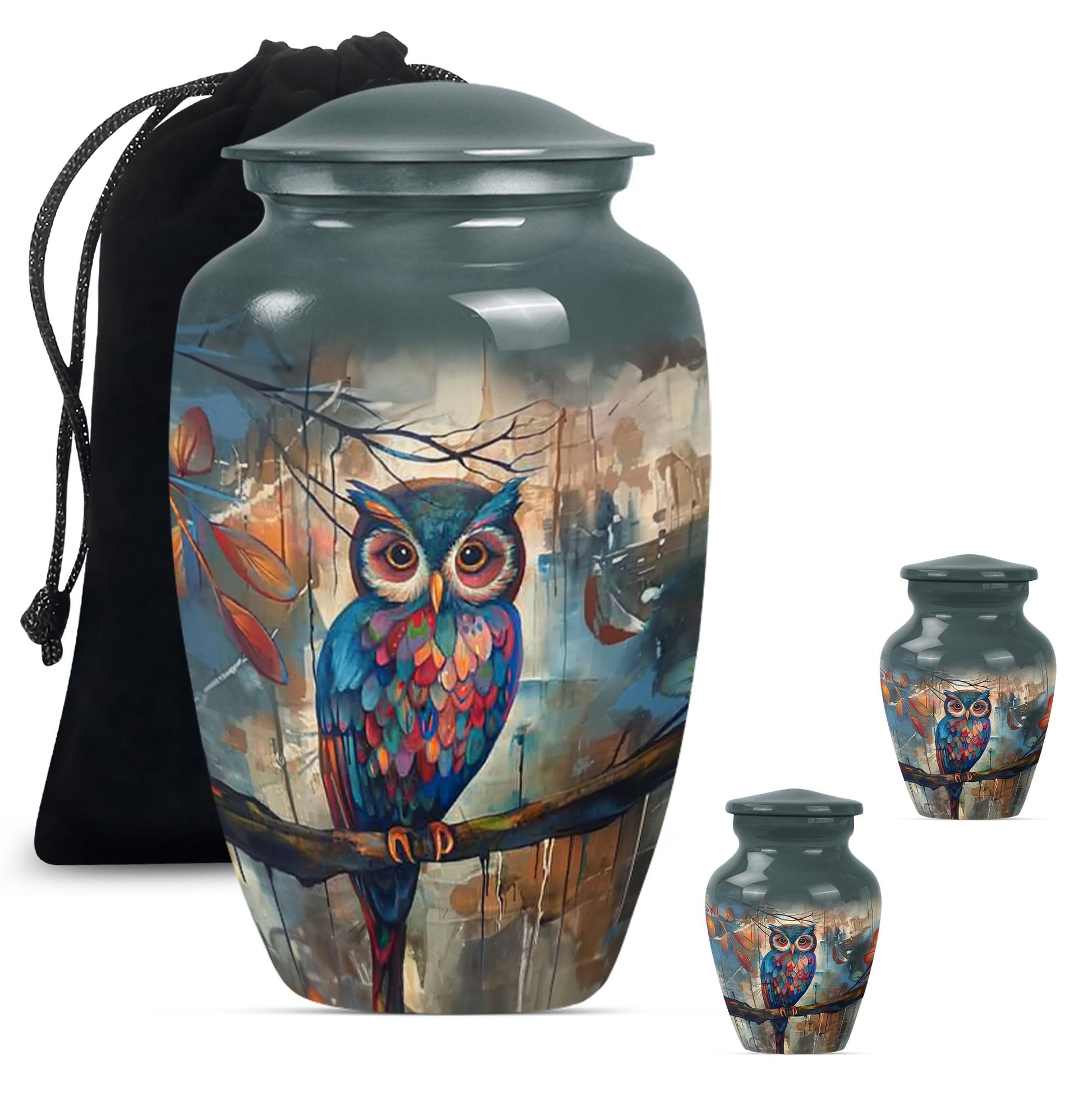 10-inch Classic Owl Urn with Wolf Howling Theme.