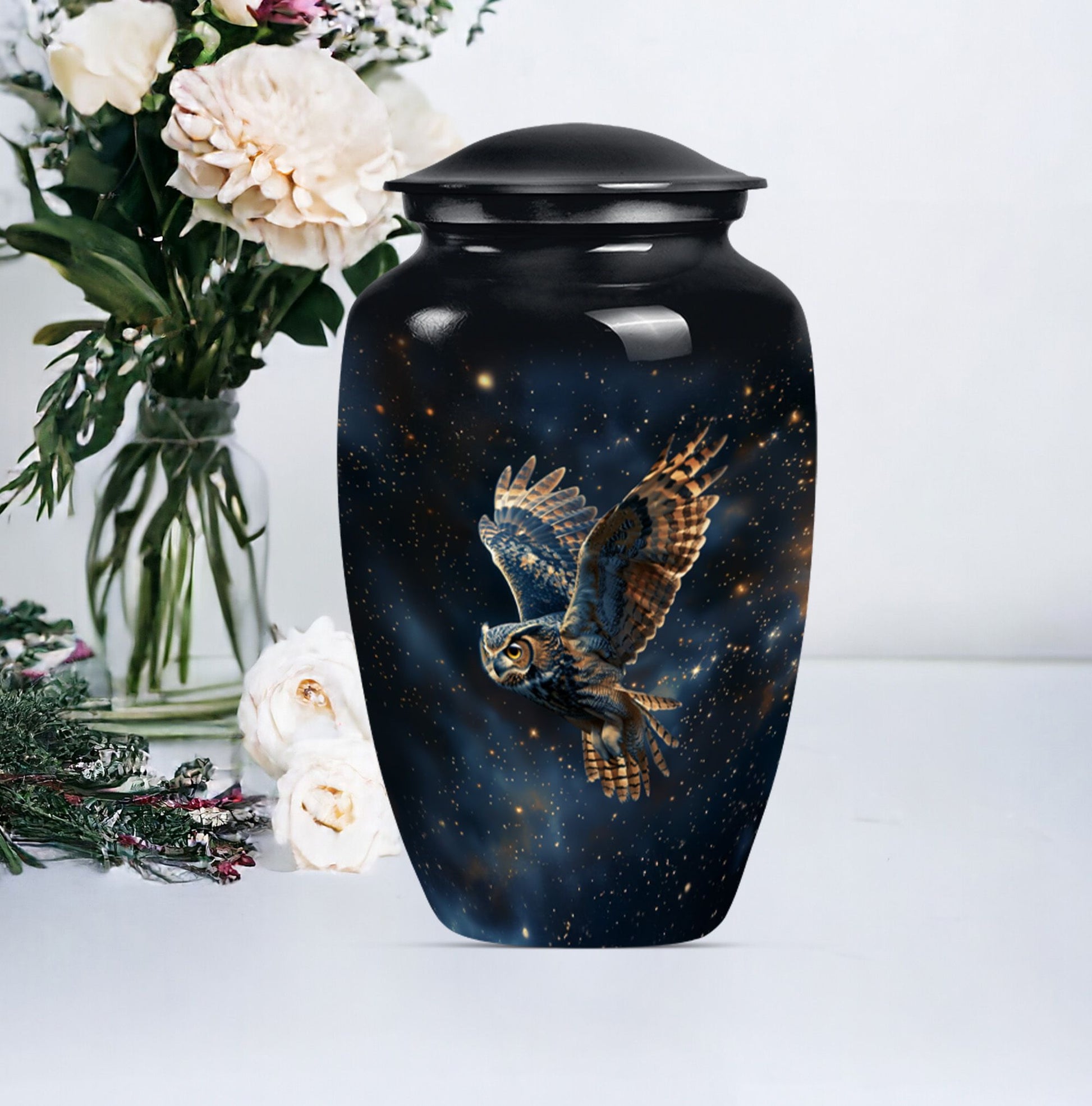 Owl memorial urn, with howling wolf 