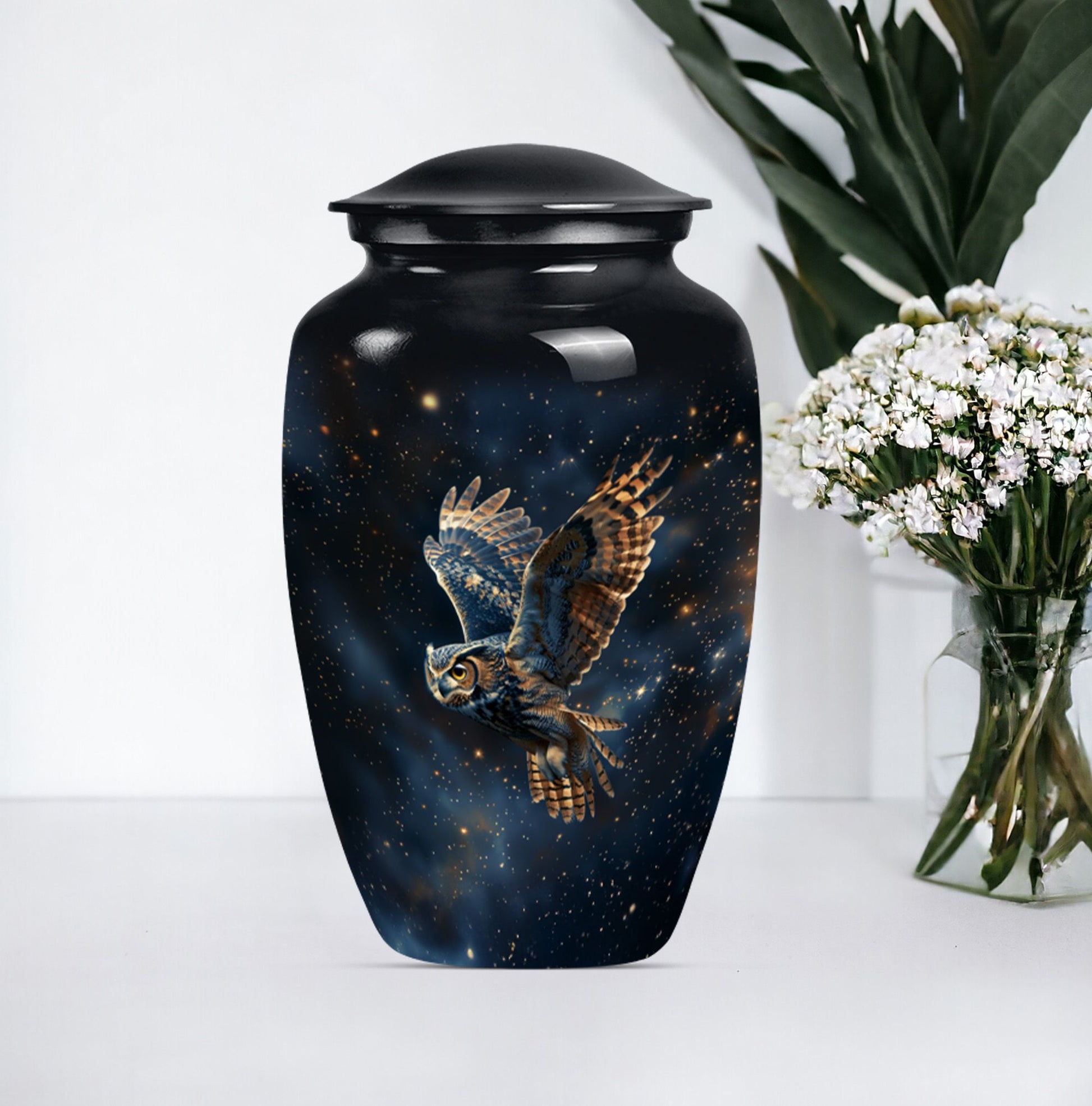 Owl memorial urn, with howling wolf 