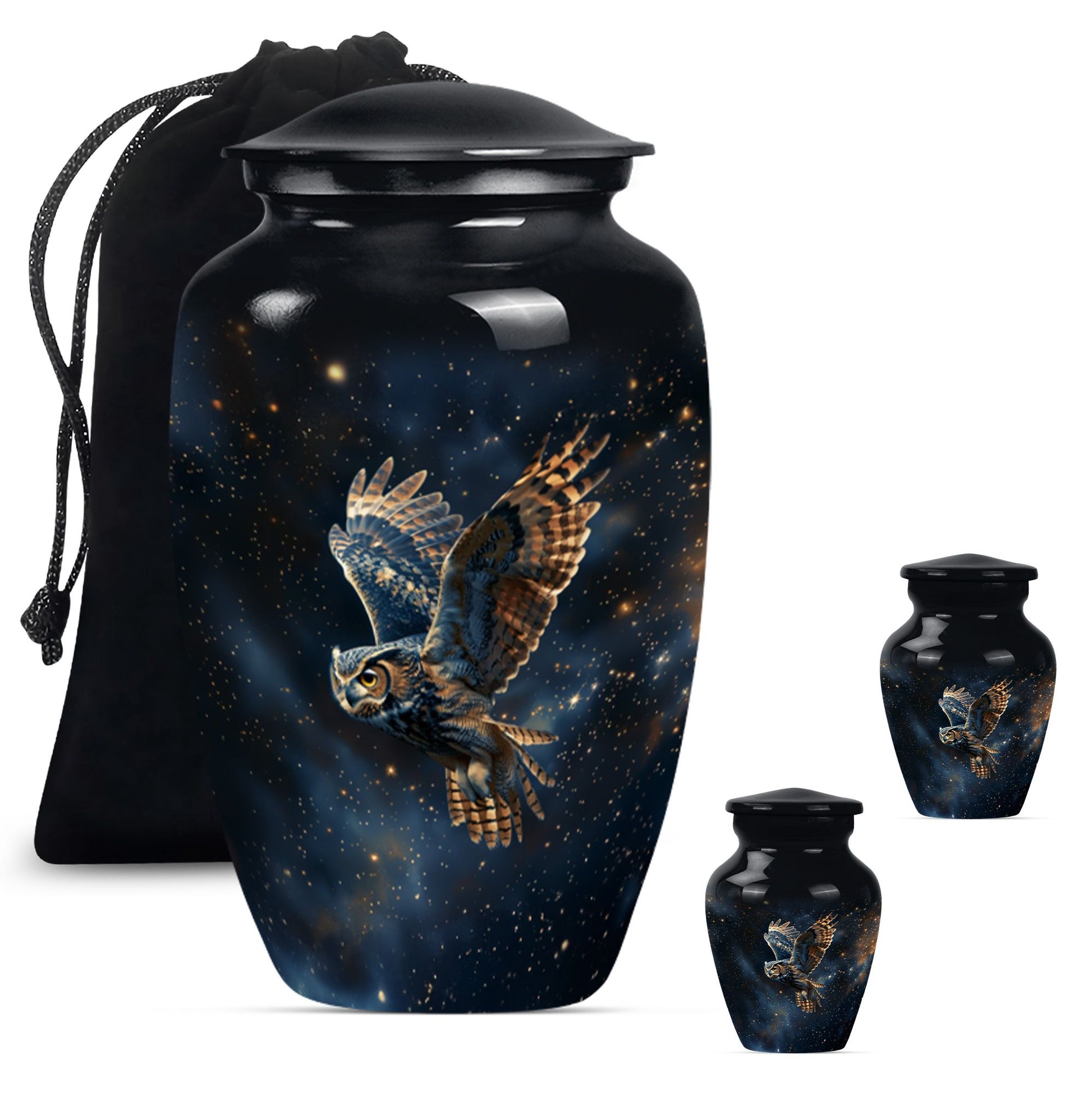 Owl memorial urn, with howling wolf 