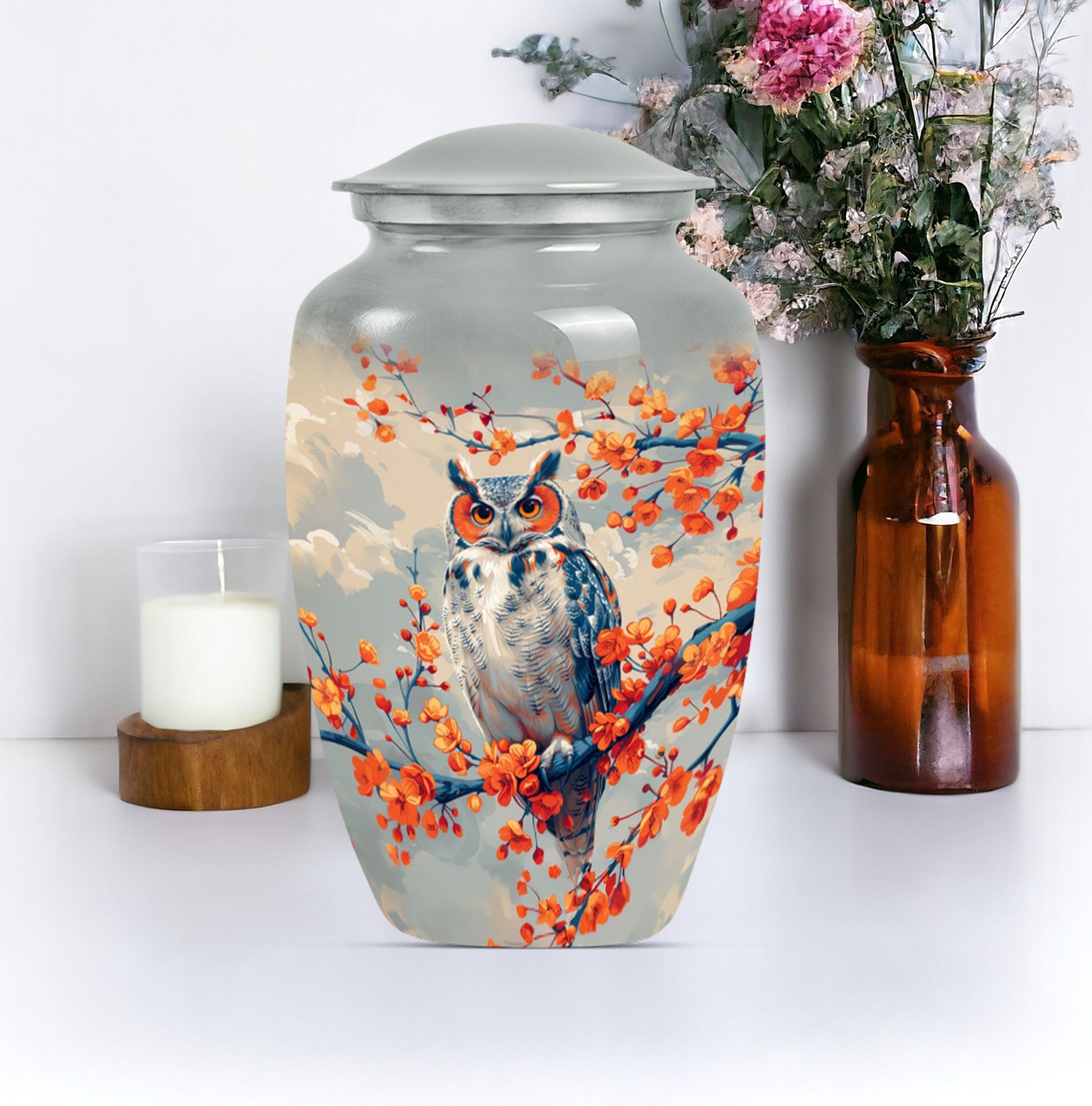 10-inch classic owl urn with wolf howling theme.