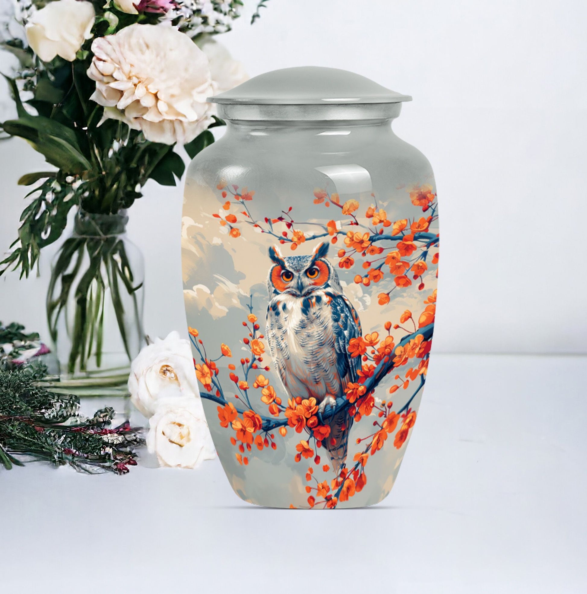 10-inch classic owl urn with wolf howling theme.