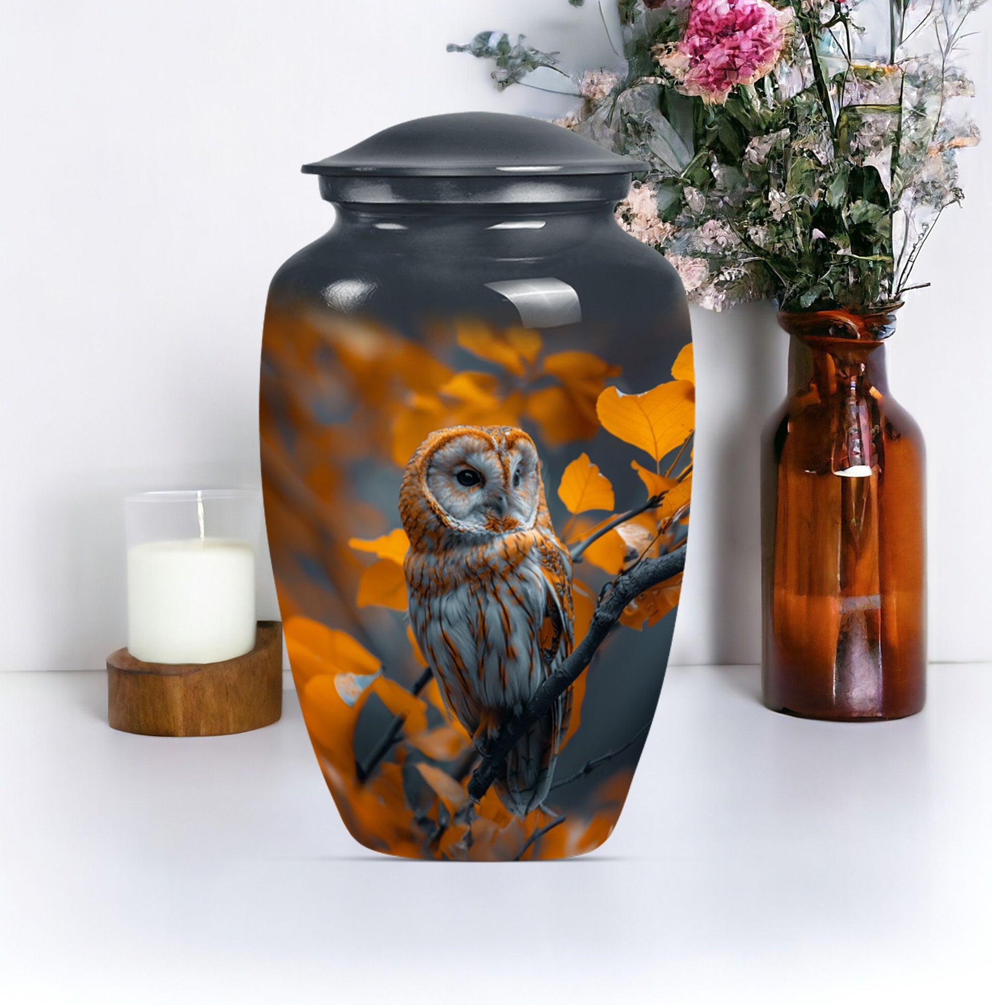 owl urn with wolf howling 