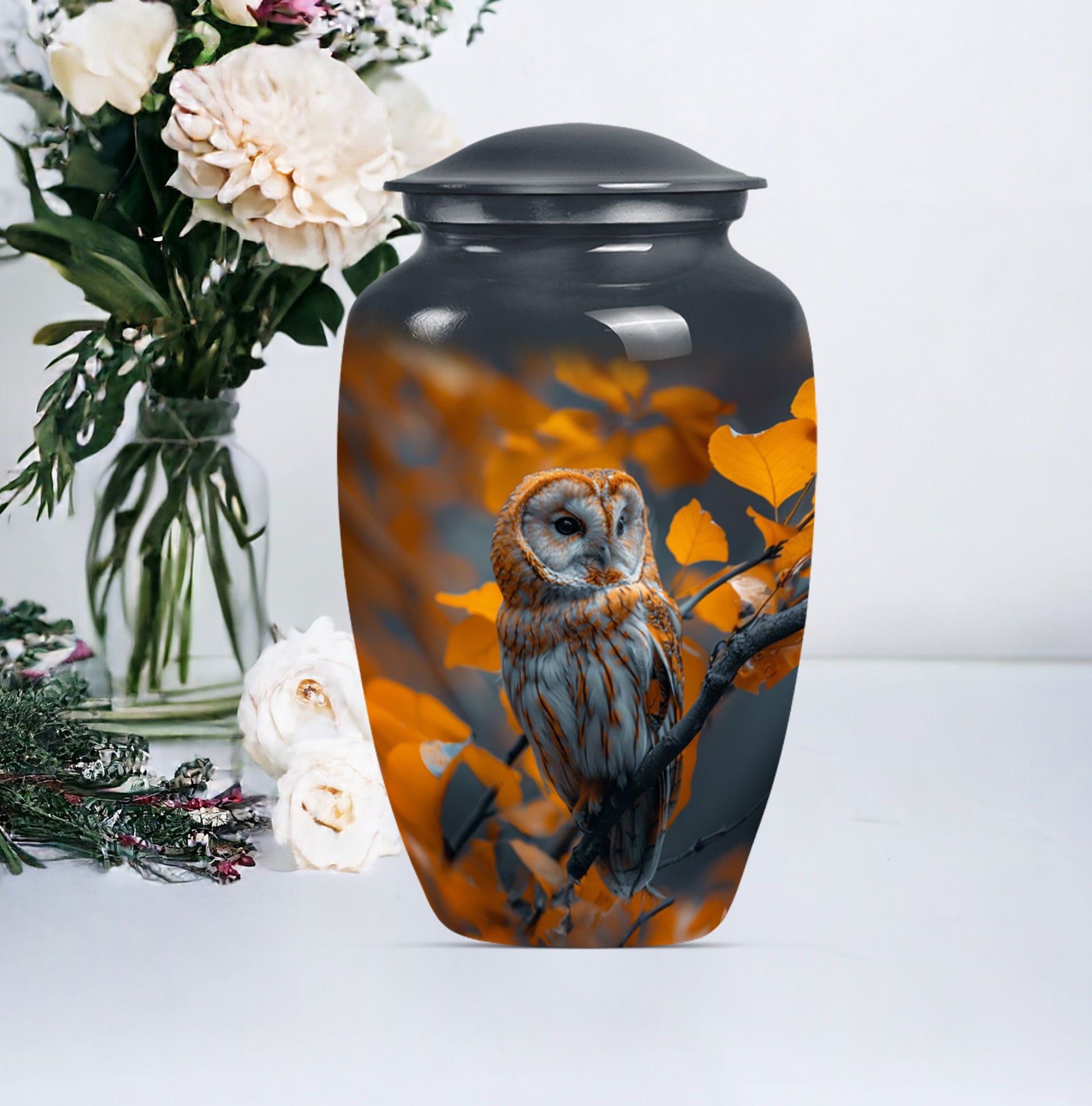 owl urn with wolf howling 