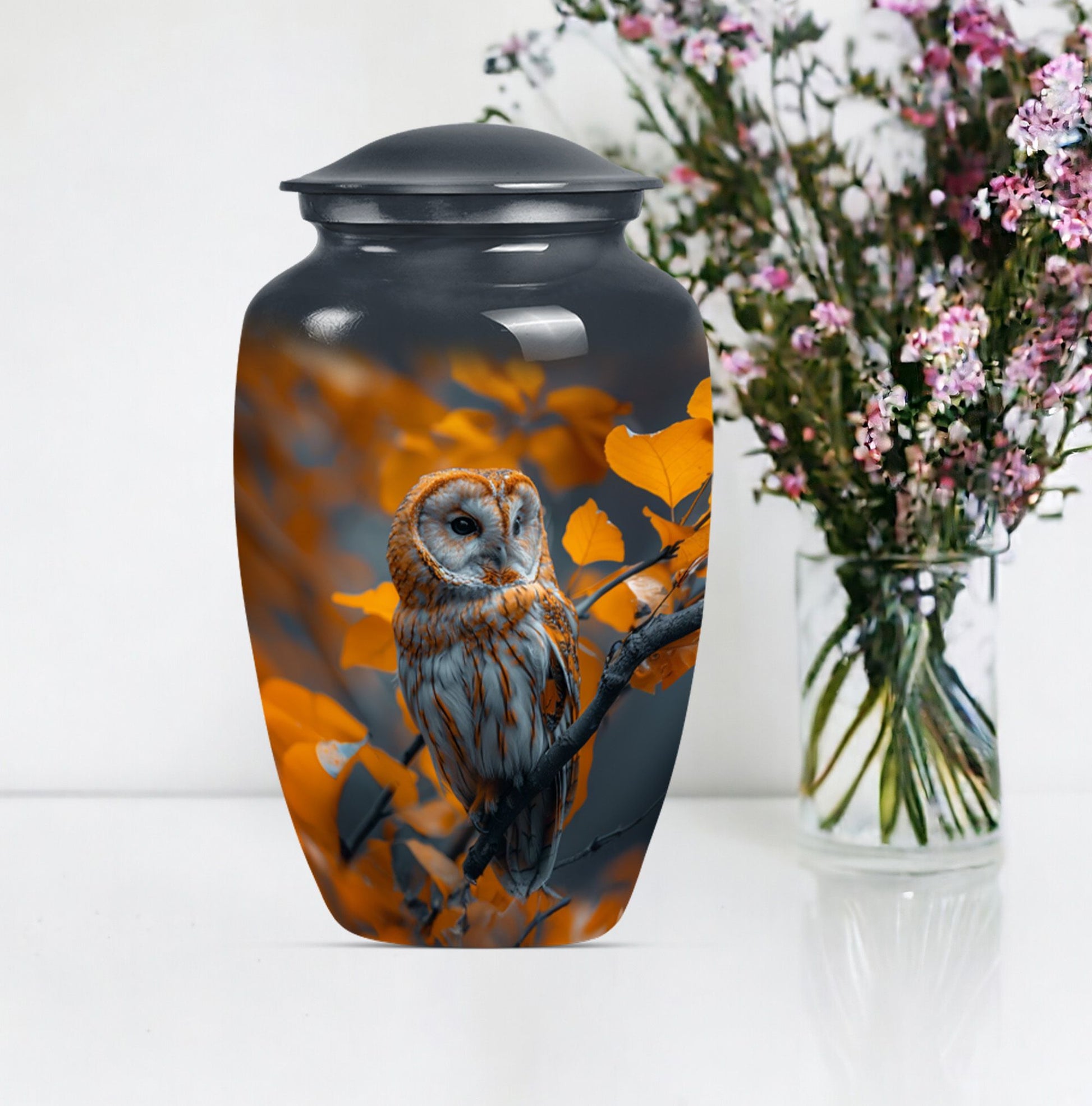 owl urn with wolf howling 