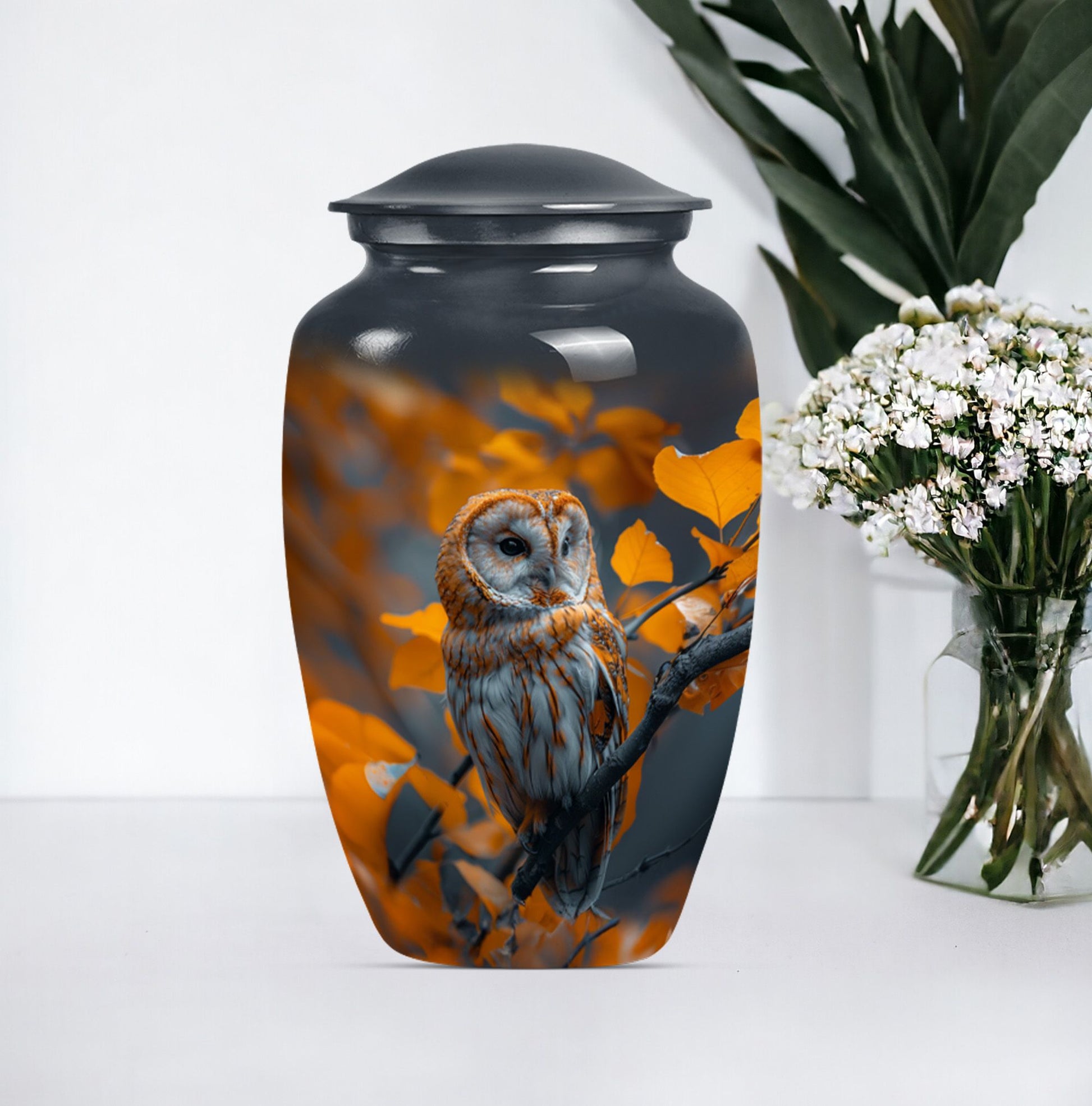 owl urn with wolf howling 