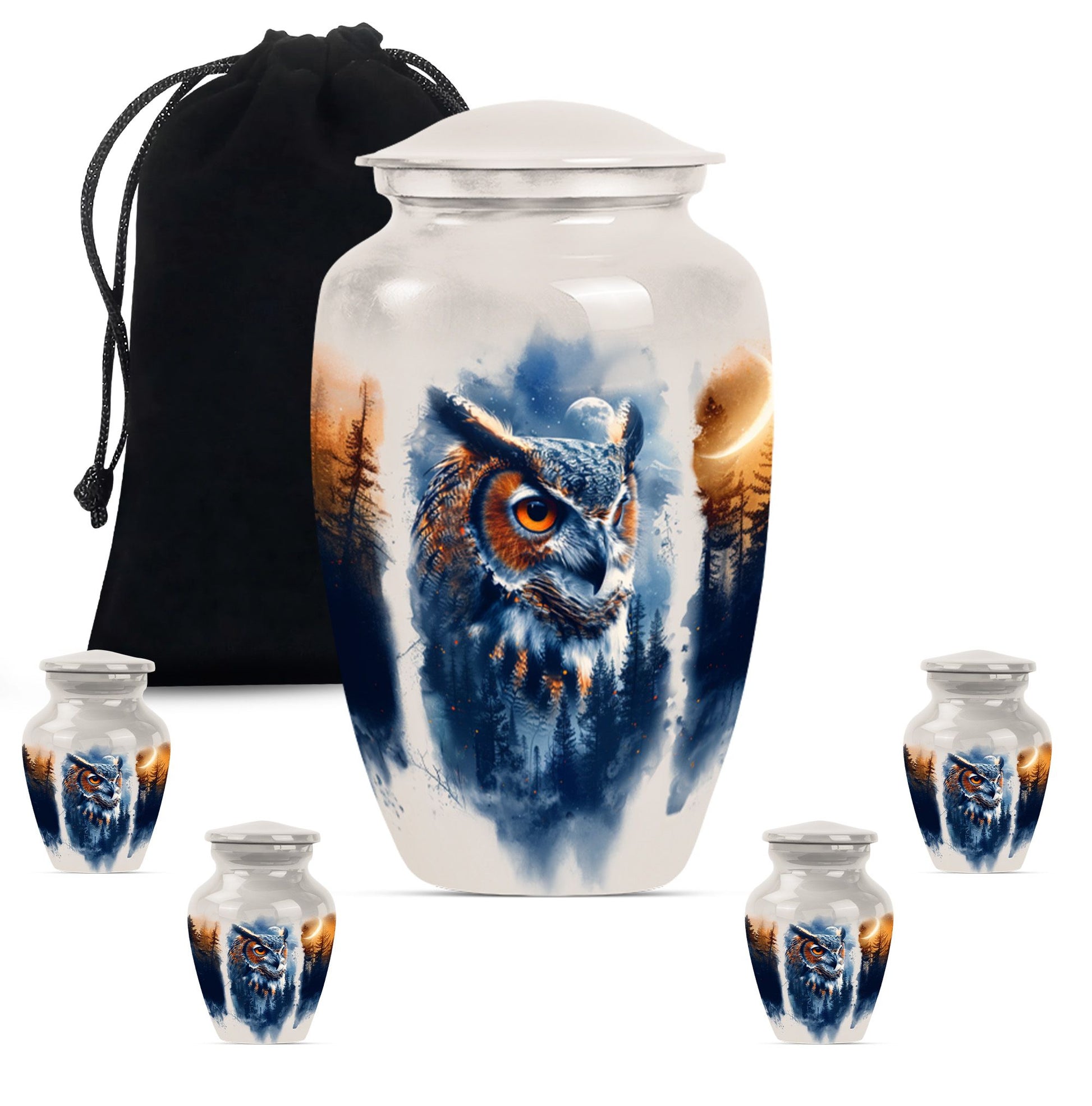 10-inch owl cremation urn with wolf howling 