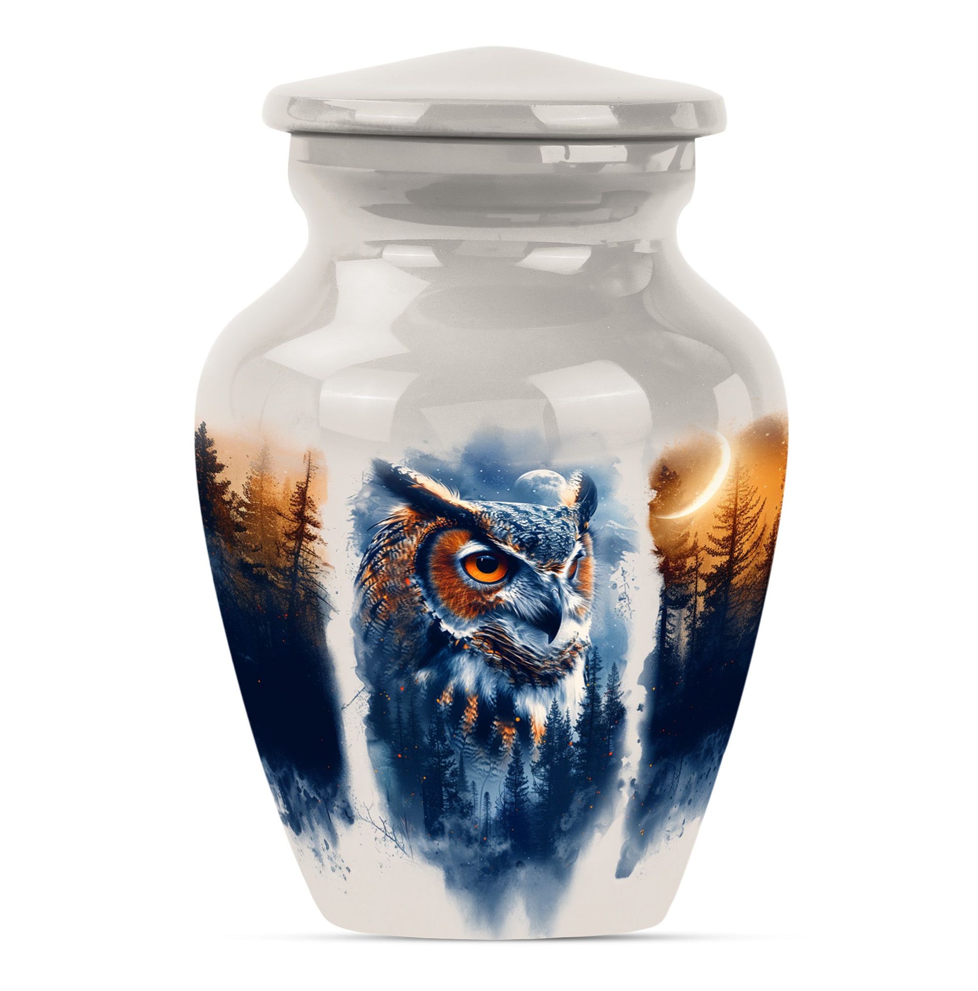 10-inch owl cremation urn with wolf howling 