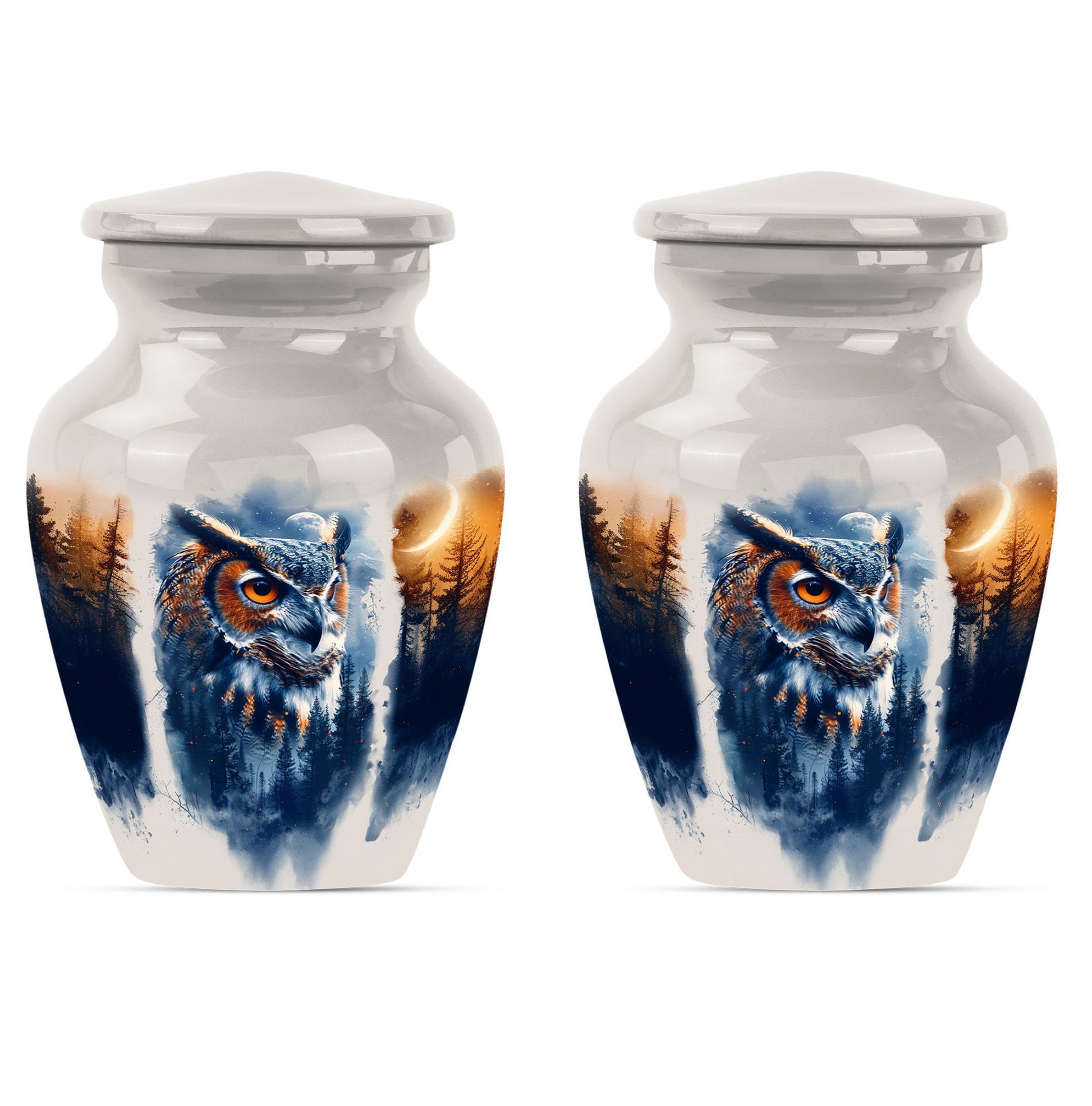 10-inch owl cremation urn with wolf howling 