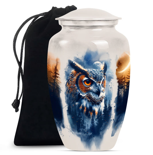 10-inch owl cremation urn with wolf howling 