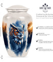 10-inch owl cremation urn with wolf howling 