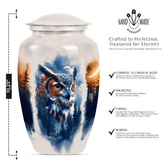 10-inch owl cremation urn with wolf howling 